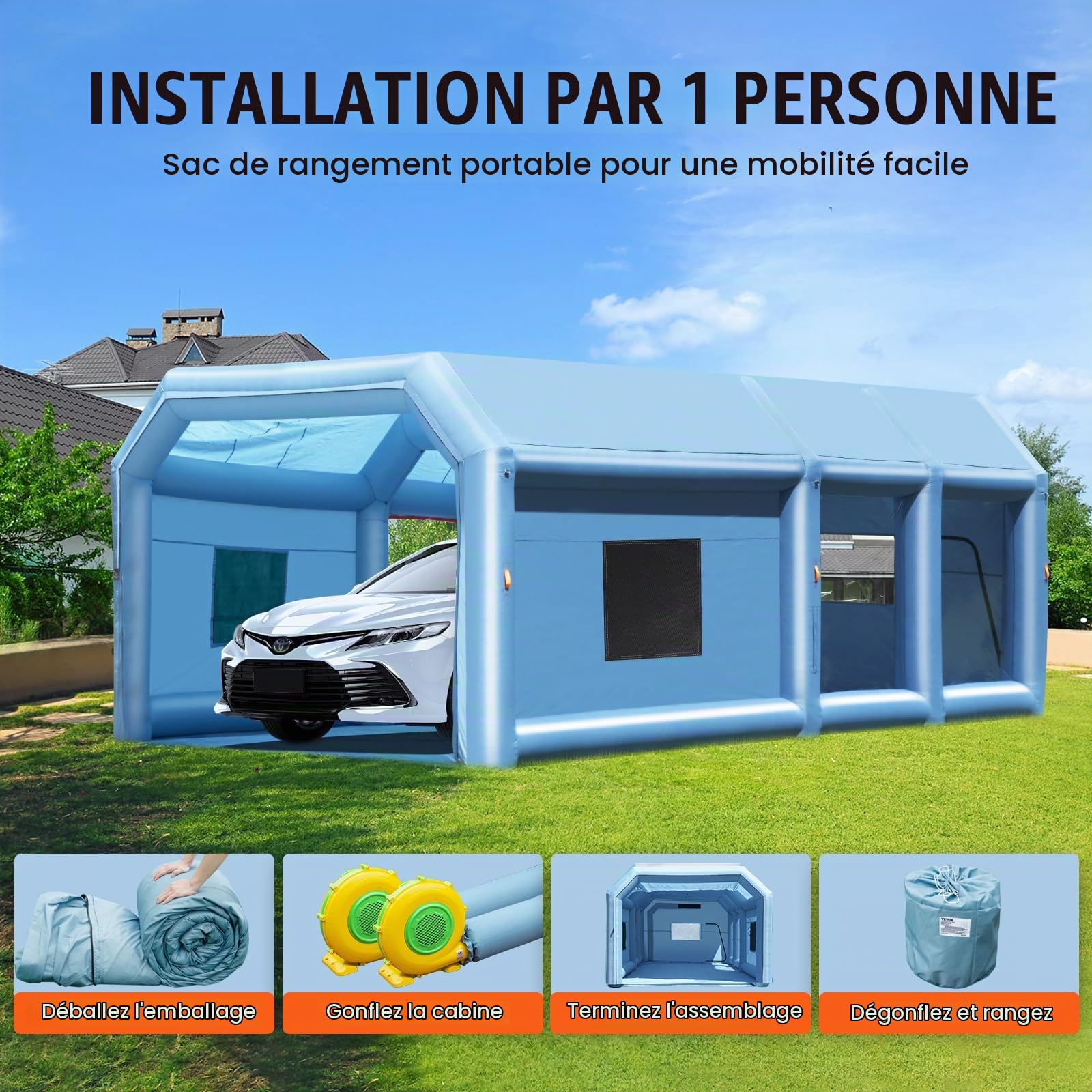 VEVOR Cabine de Peinture Gonflable 7x4x2,75 m, Tente Peinture Gonflable Automobile avec Souffleurs Puissants 750 W + 480 W et Système de Filtration, Station de Travail pour Pose de Peinture Atelier