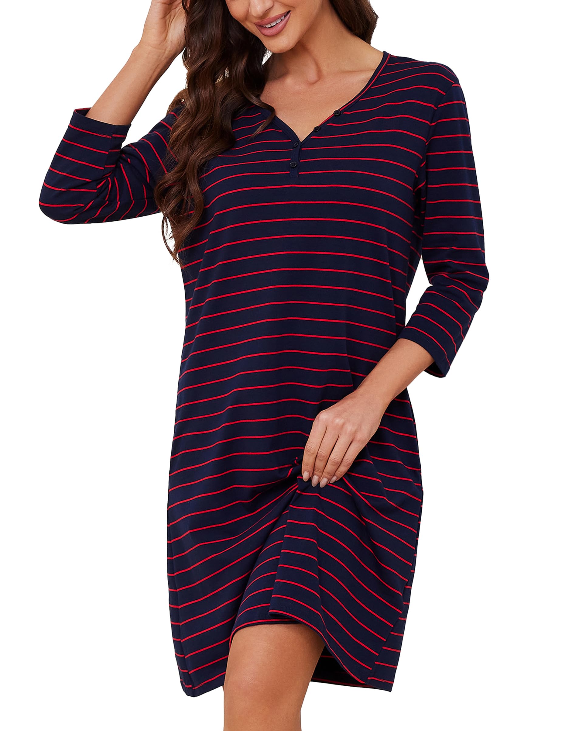 Bresdk Nachthemd Damen 3/4 Ärmel Baumwolle Schlafshirt V-Ausschnitt Sleepshirt mit Knöpfe Streifen Winter Nachtwäsche mit Taschen