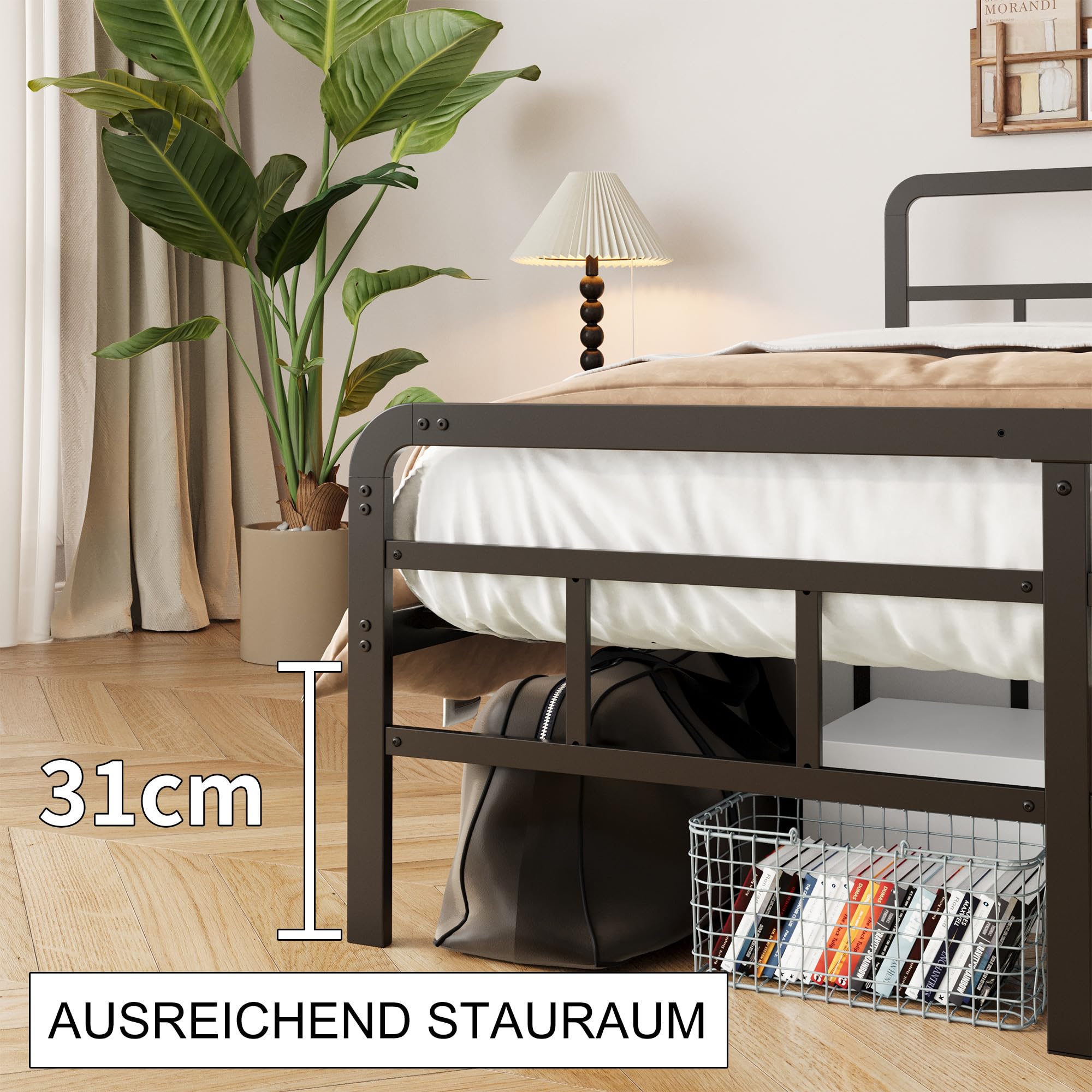 Yicensen Metallbett 140x200 cm mit Gebogenem Kopf und Fußteil, Bettgestell aus Metall für Doppelbett mit Schweren Metalllatten für Stabilen Halt, Geräuschlos, Einfach zu Montieren, 36cm Hoch, Schwarz