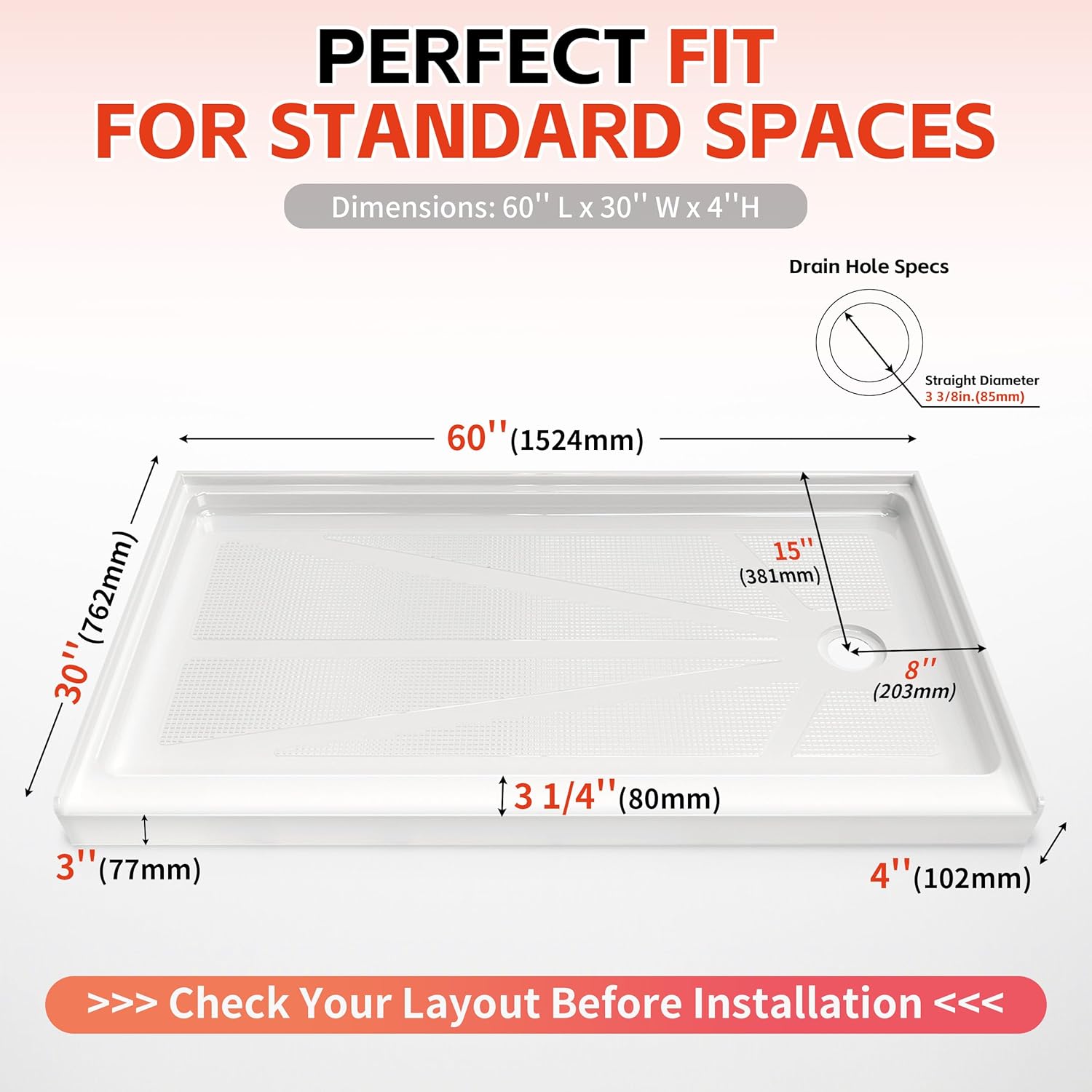 CKB 60 in x 30 in Shower Pan with Right Drain, Single Threshold, Acrylic Fiberglass Alcove Shower Base, Slip-Resistant and Waterproof, White
