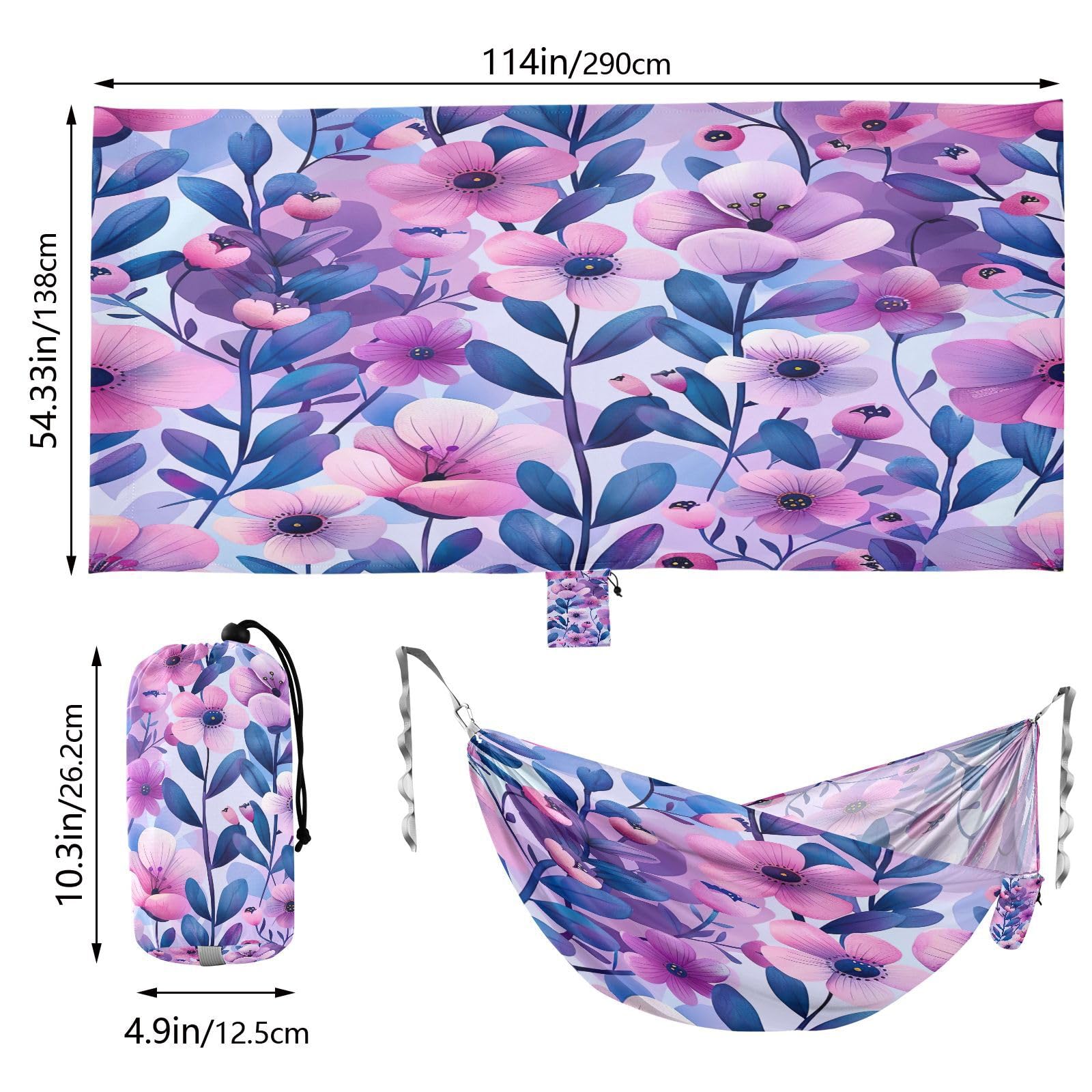 Kigai Colorful Flowers Camping Hammock Durable & Portable Travel Hammock Holds 330lbs with Tree Strapsm, Pocket, Camping Accessories