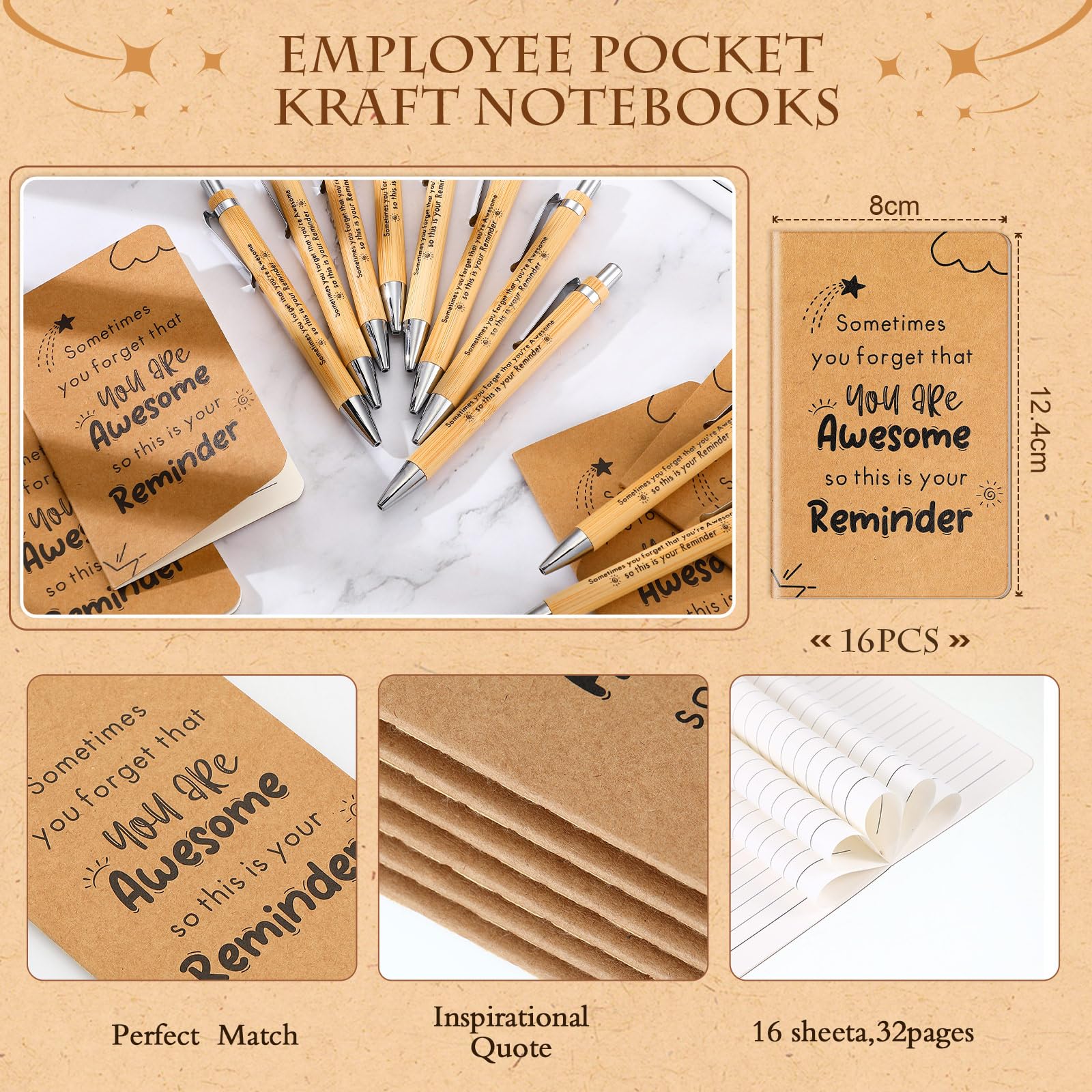 Tenare 32 Pcs Employee Appreciation Gifts Bulk Include 16 Kraft Inspirational Notebooks Small Pocket Journal Notepads and 16 Motivational Pens Ballpoint Pens for Women Teacher Coworker (Inspiration) - Image 3