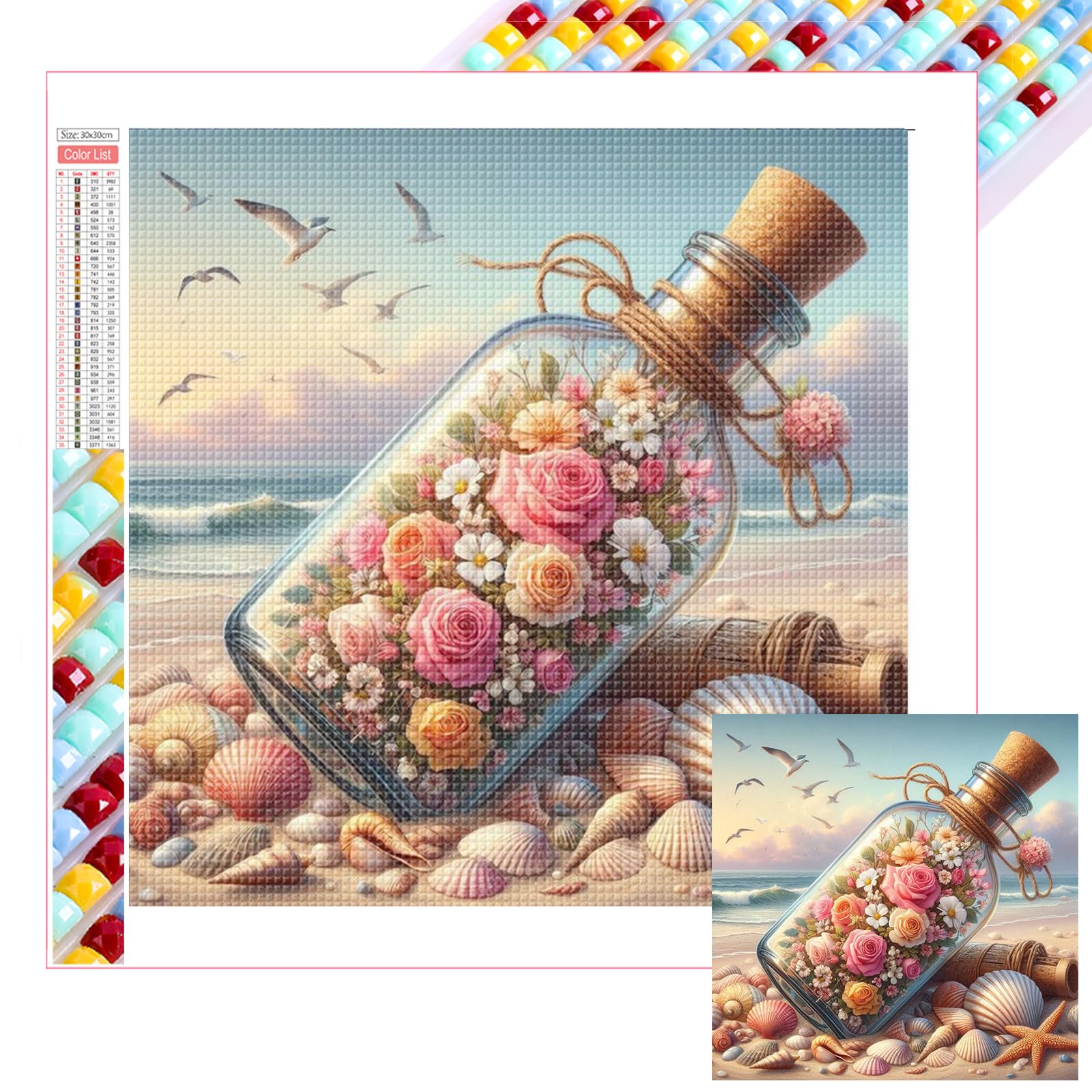 POETRYDRAW Beach Flower Bottle DIY 5D Square Drill Diamond Art Kit for Adults & Beginners, Home Wall Decor, Crystal Rhinestones Painting, 35cm