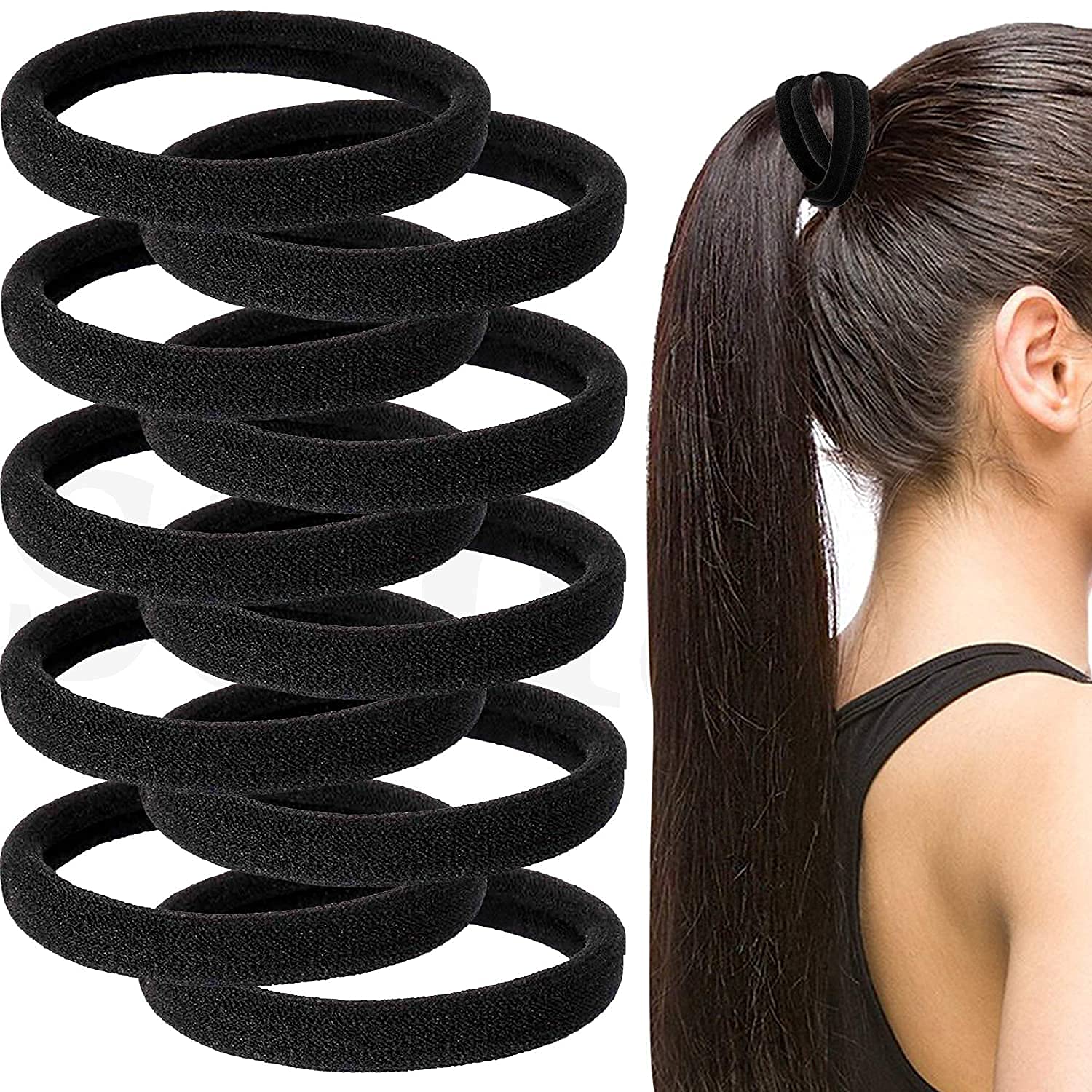 SINGARO Black Hair Ties Soft Premium Elastic No Damage Seamless Ouchless Soft Stretchable Non-Slip Cotton Rubber Bands, Thick Thin Hair, Ponytail Holders, Scrunchy, Men, Women, Boys, Girls(50) 1