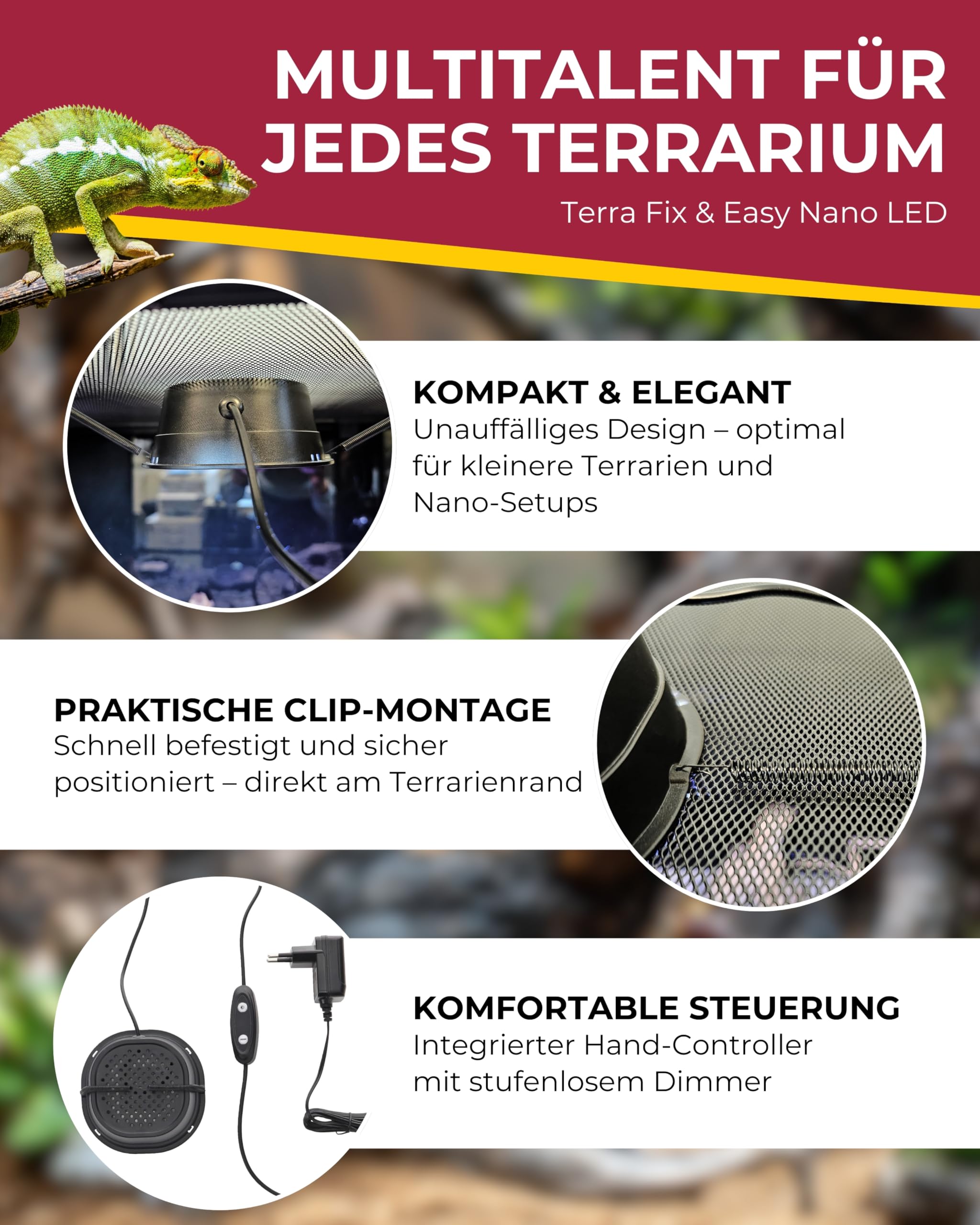 Hobby Terraristik Terra Fix & Easy Nano LED I dimmbare LED-Beleuchtung für Terrarien I Terrarium Lampe mit Einstellbarer Farbtemperatur I Terrarienbeleuchtung für Reptilien, Amphibien und Pflanzen