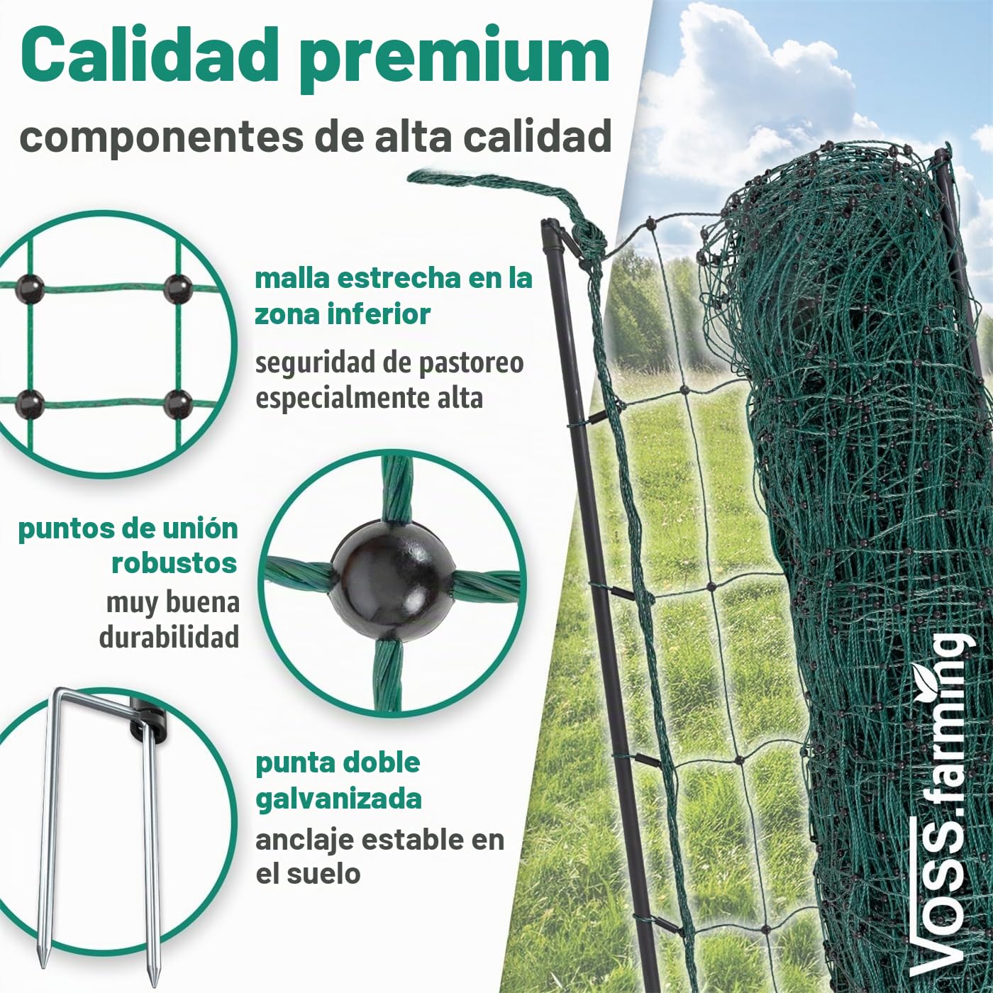 VOSS.farming Malla para gallinas “farmNET”, Rollo de 25m de Longitud y 112cm de Altura, 9 Postes con Punta Doble y Kit de reparación, Verde, no electrificable