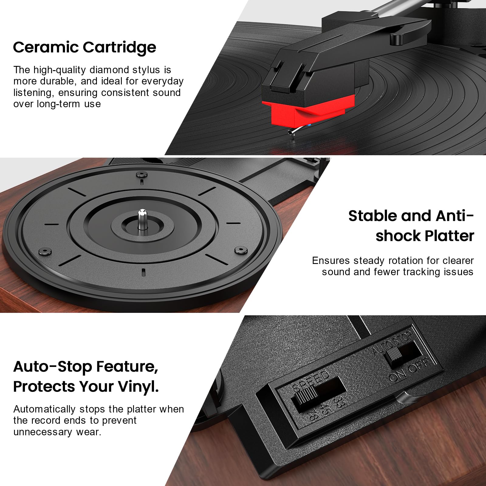 Odtwarzacz płyt winylowych z wbudowanymi głośnikami, gramofon Bluetooth z napędem pasowym Hi-Fi, do płyt winylowych, 3-biegowy odtwarzacz retro vintage z automatycznym zatrzymaniem, stabilne ramię