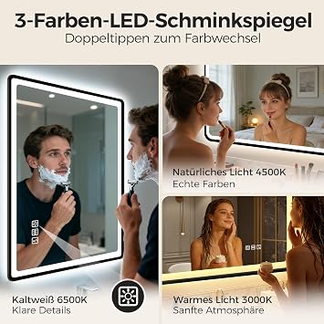 STARLEAD Bathroom Mirror with Dimmable LED Lighting 3 Light Colours Memory Function Defogging Function Bluetooth Tempered Glass IP44 Horizontal/Vertical Hanging 100 x 70 cm Black [Energy Class E]