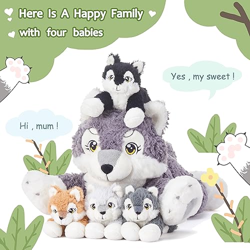 Miniatura 2 de IKASA - Peluche mamá lobo, juguete de peluche para mamá y bebé, lindo set familiar de 45 cm de suave mamá pequeña con mini bebés, regalos para niños