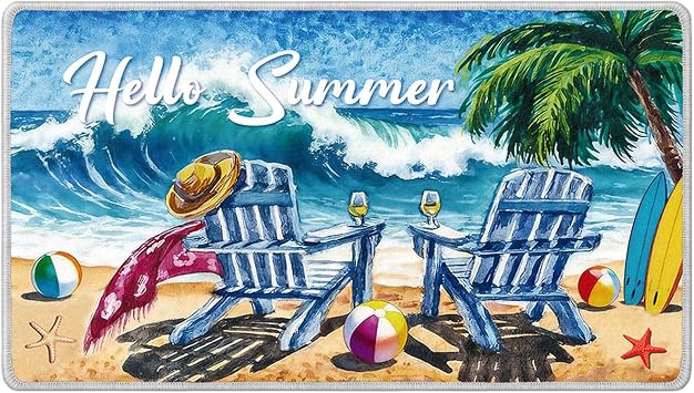 Summer Door Mat Decor, Coastal Beach Doormat Indoor Outside Non Slip, Hello Summer Welcome Rug Doormat for Home Entrance Floor 16x28 Inch