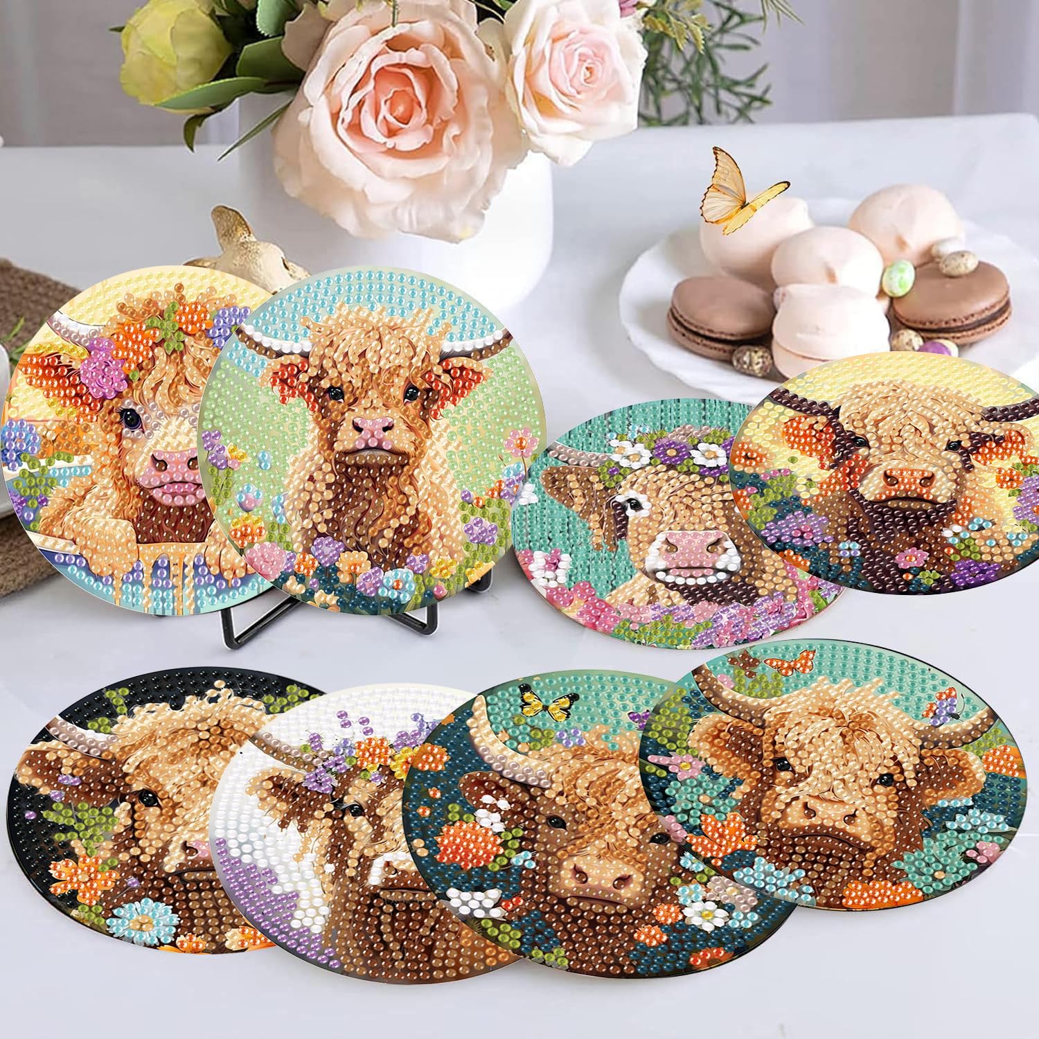 mrpwnle 8 Stück Highland Cow Diamond Art Untersetzer Kits für Erwachsene Anfänger