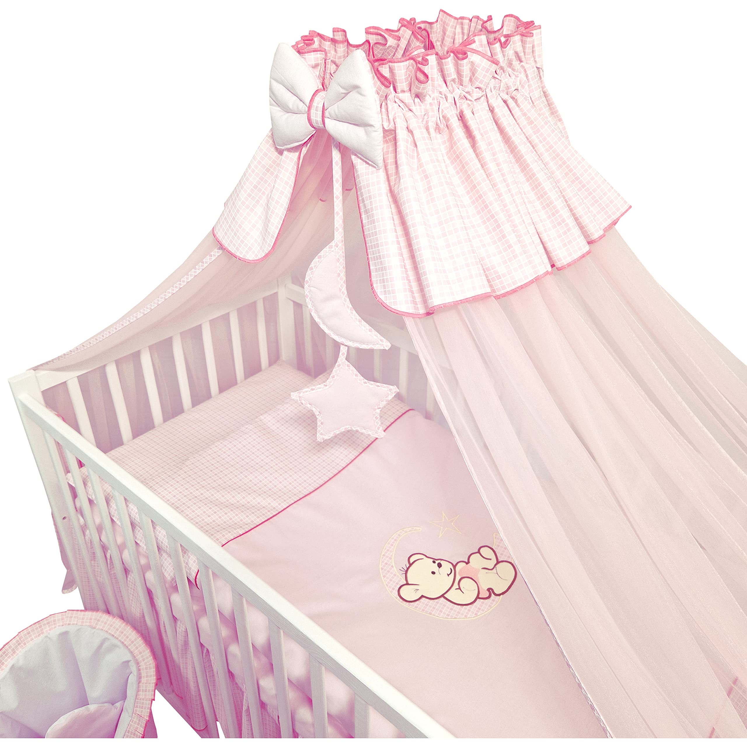 Set completo di 13 pezzi per culla e lettino Happy Leo incl. materasso regolabile in altezza per neonati e bambini in legno massiccio ricamato (Orsetto Luna Rosa)