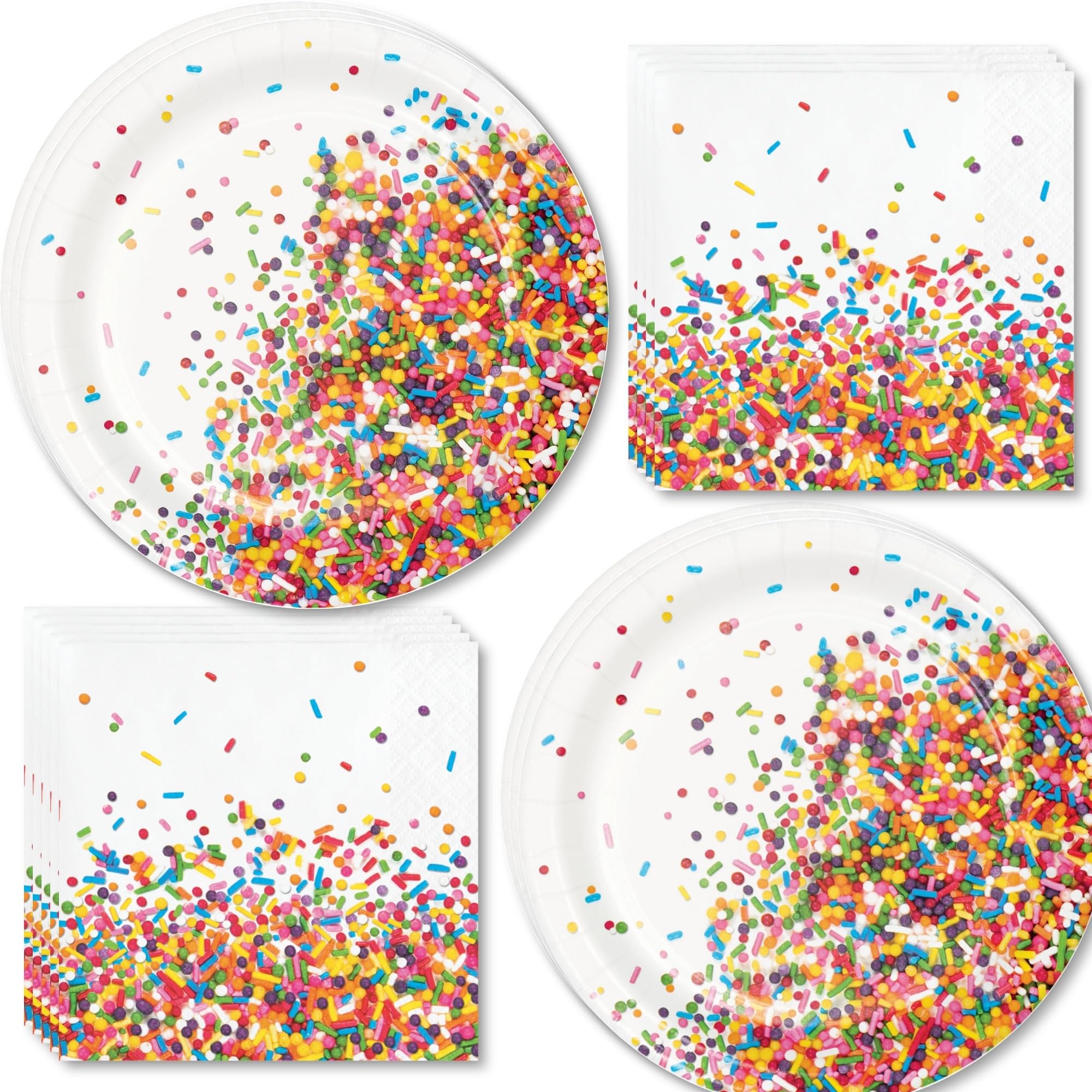 Confeti Sprinkles - Juego de platos de papel, servilletas, tazas y cubierta de mesa de plástico (sirve 16)
