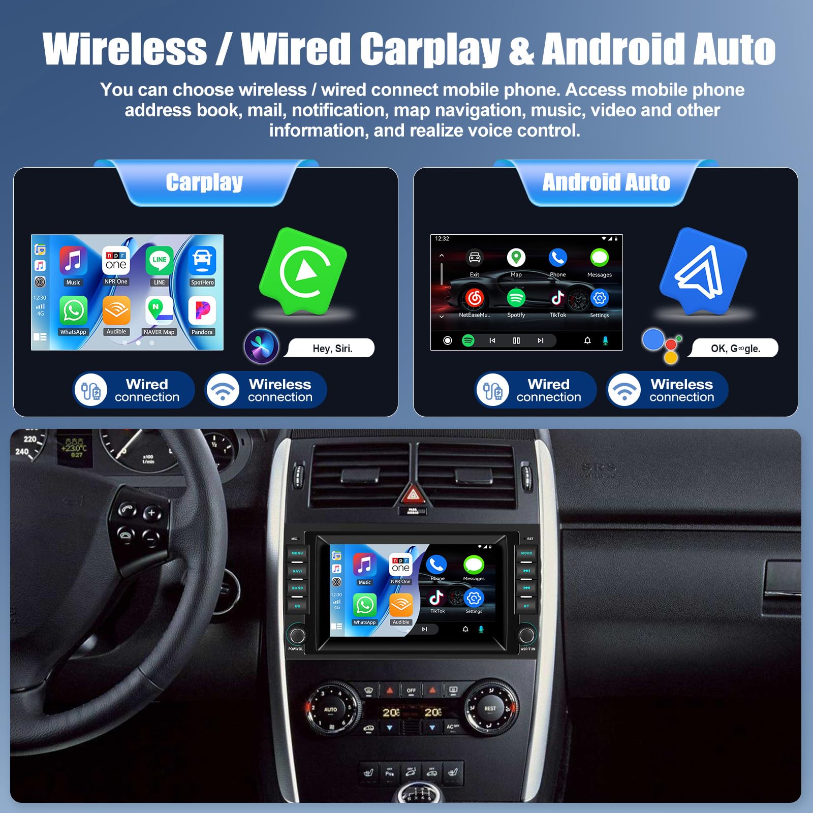 2G+64G Android 13 Autoradio Mit Bildschirm 7 Zoll für Mercedes-Benz A-Klasse W169/B-Klasse W245/Viano/Vito W639/Sprinter W906 Doppel Din Radio Carplay Android Auto mit WiFi/GPS/Bluetooth/FM RDS/EQ/SWC