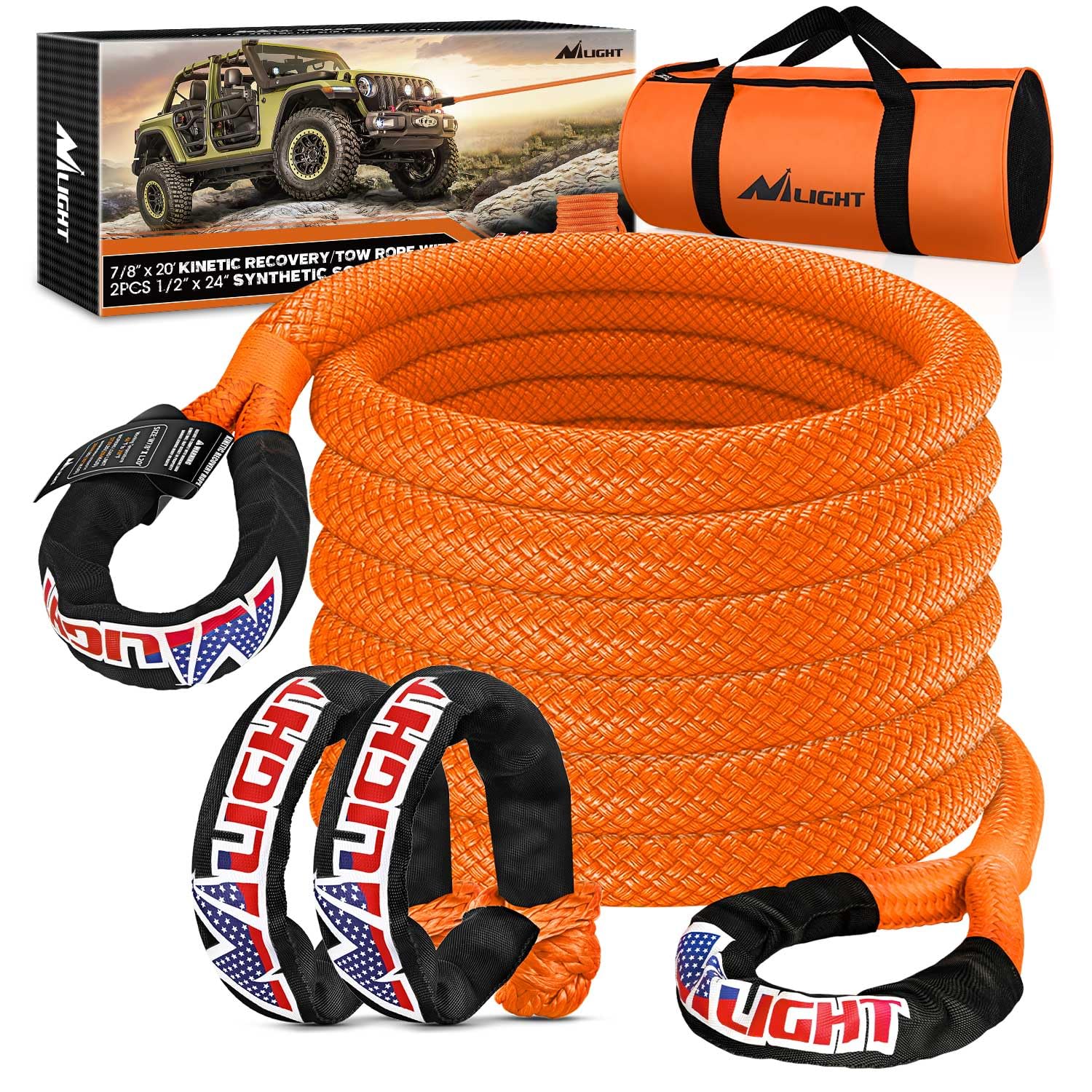 Nilight Kinetic Recovery Tow Rope 7/8" x 20ft (28,600LBS) with 2 Soft Shackle 1/2" x 24" Snatch Strap Heavy Duty Offroad Towing Strap kit for UTV ATV SUV Truck Car Jeep Tractor