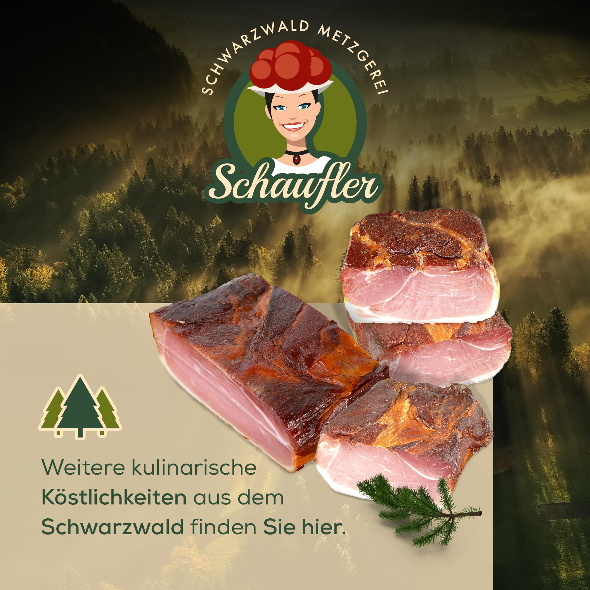 Schwarzwald Metzgerei – Schwarzwälder Schinken am Stück mit herzhaft rauchigem Aroma – Räucherschinken nach Schwarzwälder Tradition (500g)