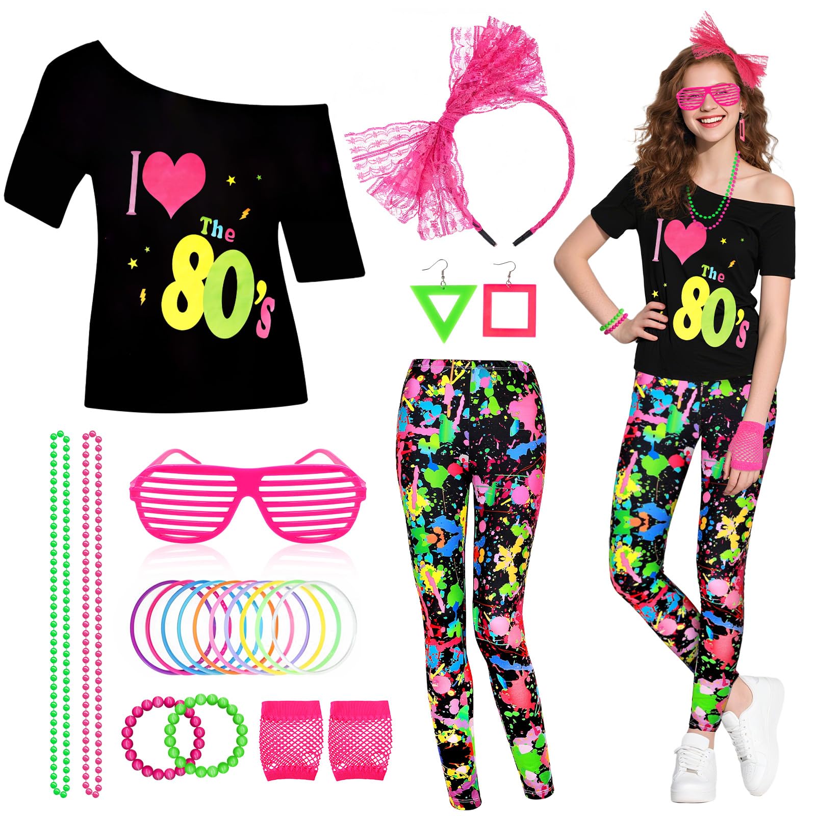 80s Women Costume Accessories SetOff Shoulder T-shirt Legging Pants Necklace Earrings Bracelet Hairband Fishnet Gloves for Retro Theme Party (yellow+green, L)