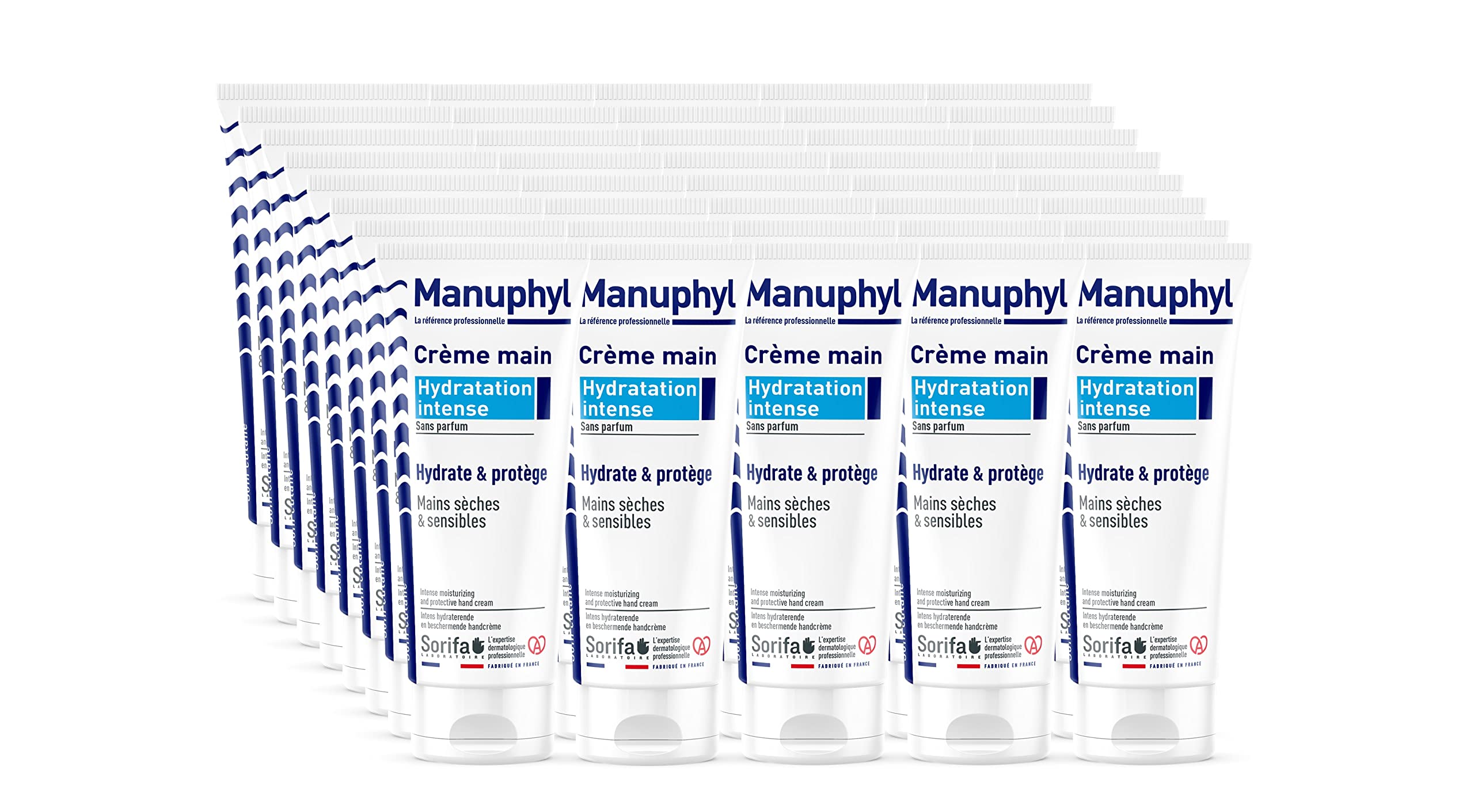 Juego de 40 Manuphyl Crema Hidratación Intensa - Hidratante y protectora - Manos secas y sensibles - No grasa, sin perfume, enriquecida con alantoina y proteínas de trigo - Tubo 100 ml