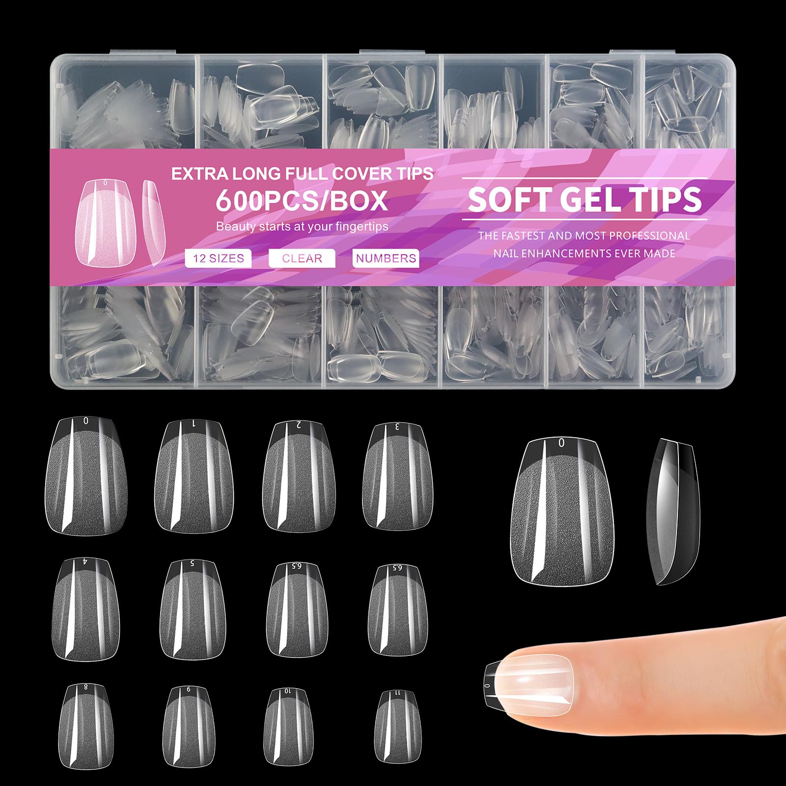Short Square Almond Nail Tips, 600 Pcs Soft Gel Nail Tips Almond Shaped Full Cover Gel X Nails Pre Etched For Extensions, False Nails Short 12 Sizes, Clear Strong False Press On Nails