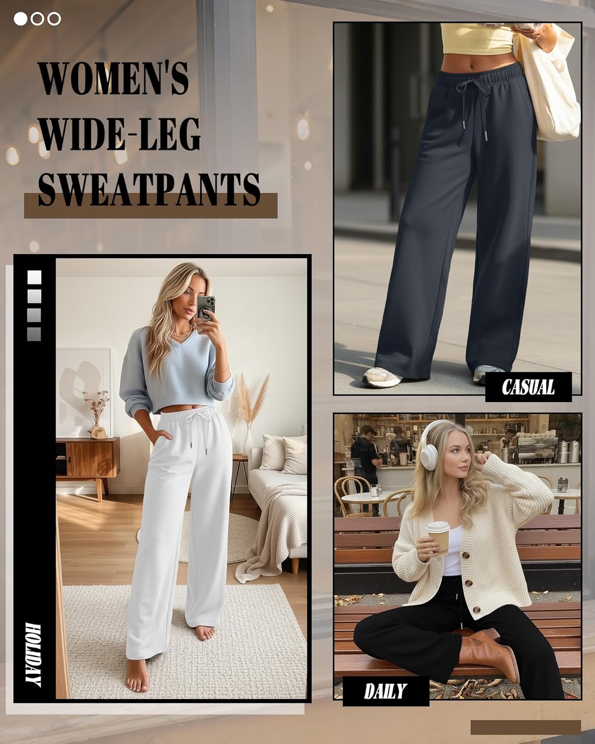 Riyiper 3 Pack Women Wide Leg Sweatpants Drawstring Straight Pants Elastic Waist Joggers Open Bottom Sweatpants with Pockets - Image 2