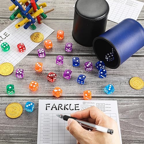 Miniatura 5 de Zhanmai Juego de 6 vasos de dados para juego Farkle, taza de piel sintética con 36 dados coloridos, juego de 6 tarjetas de puntuación Farkle para