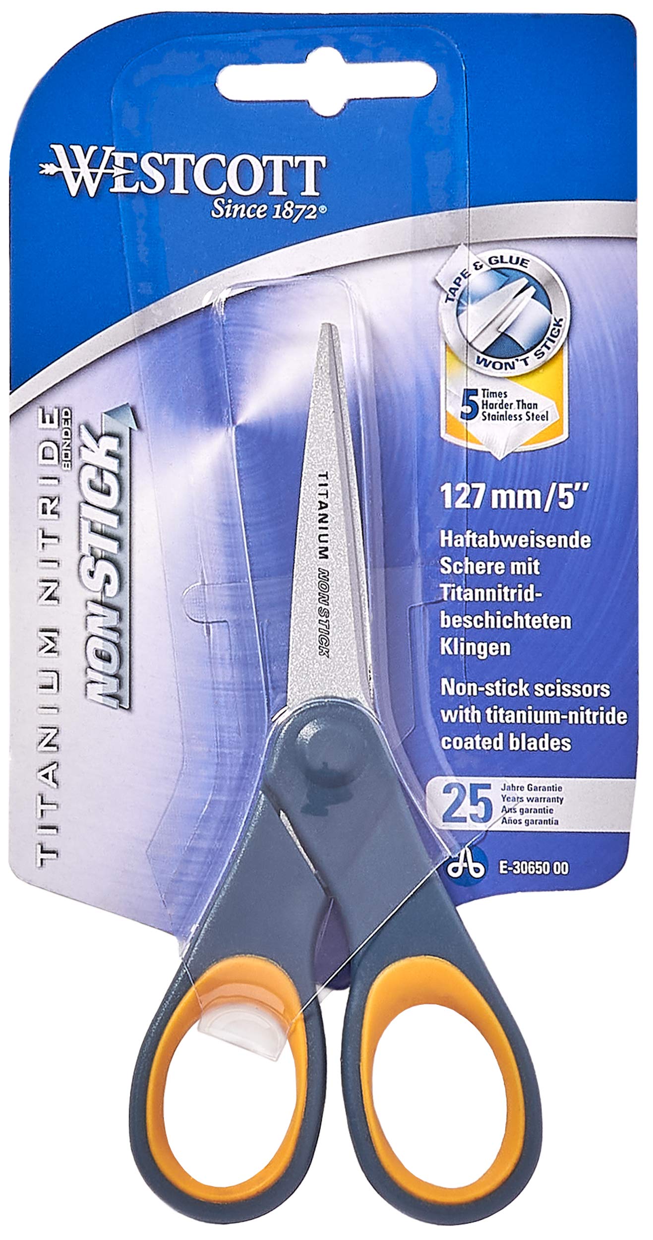 Acme Westcott E-30650 00 Schere Titanium Non Stick | Abgerundet gerade symmetrisch - 13 cm - Grau Gelb - Softgrip Griff - 10er Pack