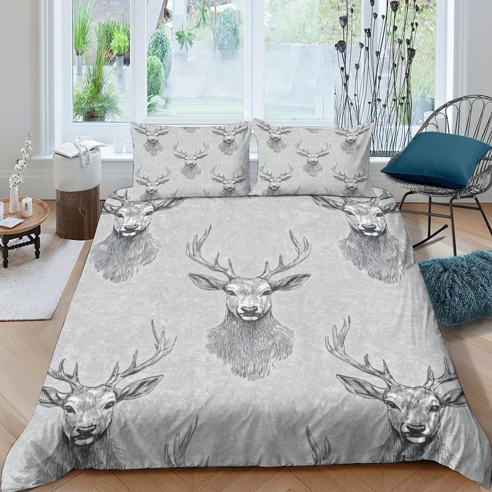 Ctjqhvkz Style-7 3D Printed Nordic Deer Fitted Sheet Microfiber Soft Grey Antlers Mattress Cover For Bedroom Dorm Decor Washable Single（135X200cm）