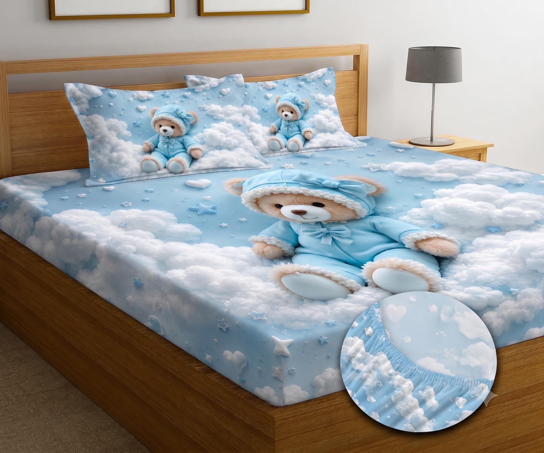 Glace Cotton 7d Digital Print Elastic Fitted Double Bedsheet with 2 Pillow Covers | 280 TC Soft Breathable Fitted Bed Sheet | Fits Mattresses Up to 10 Inch | 72 x 78 Inch Baby Blue-image-1
