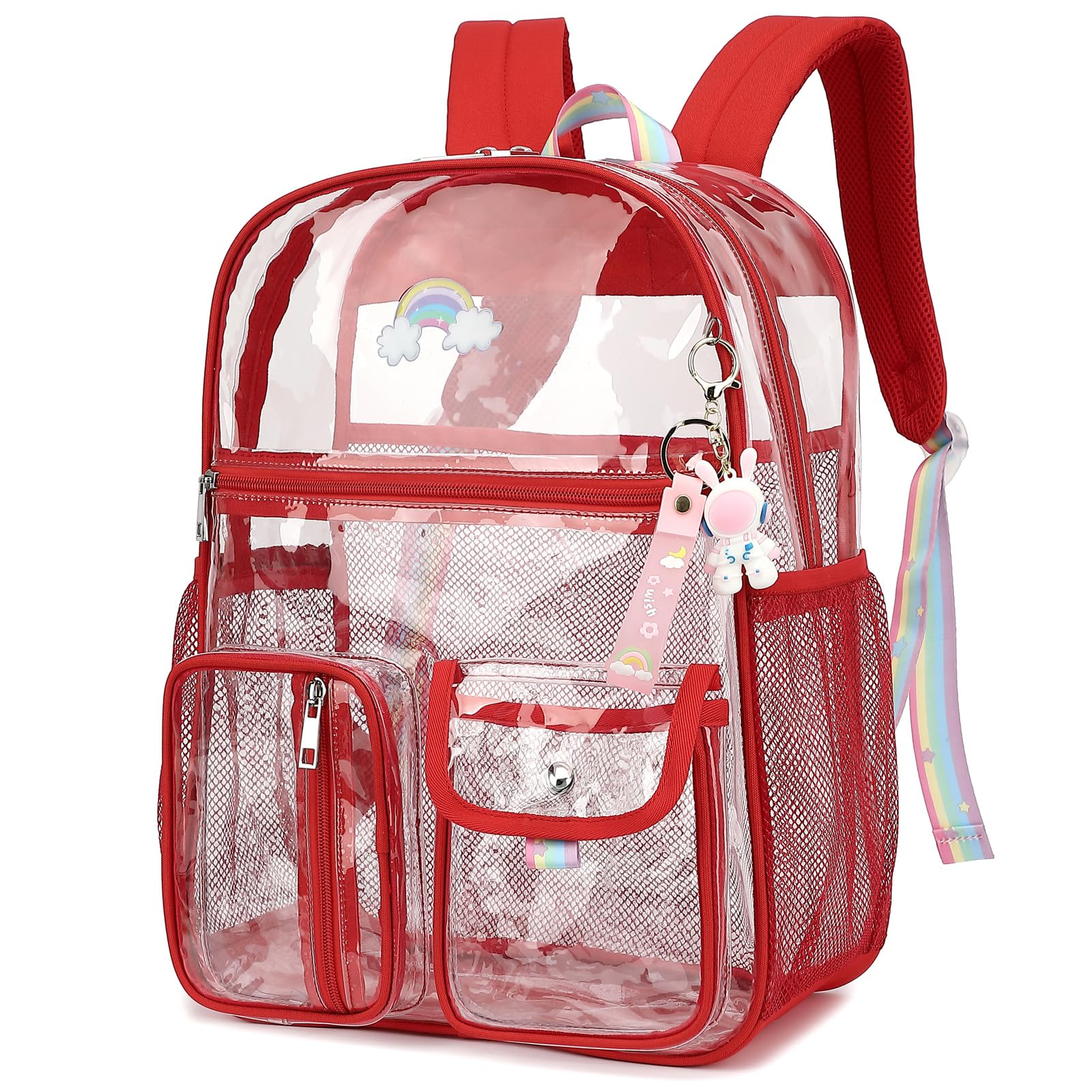 Kouxunt Clear Backpack for Boys Girls, Heavy Duty PVC See Through Transparen Backpacks for School, Stadium, Concert (Red)