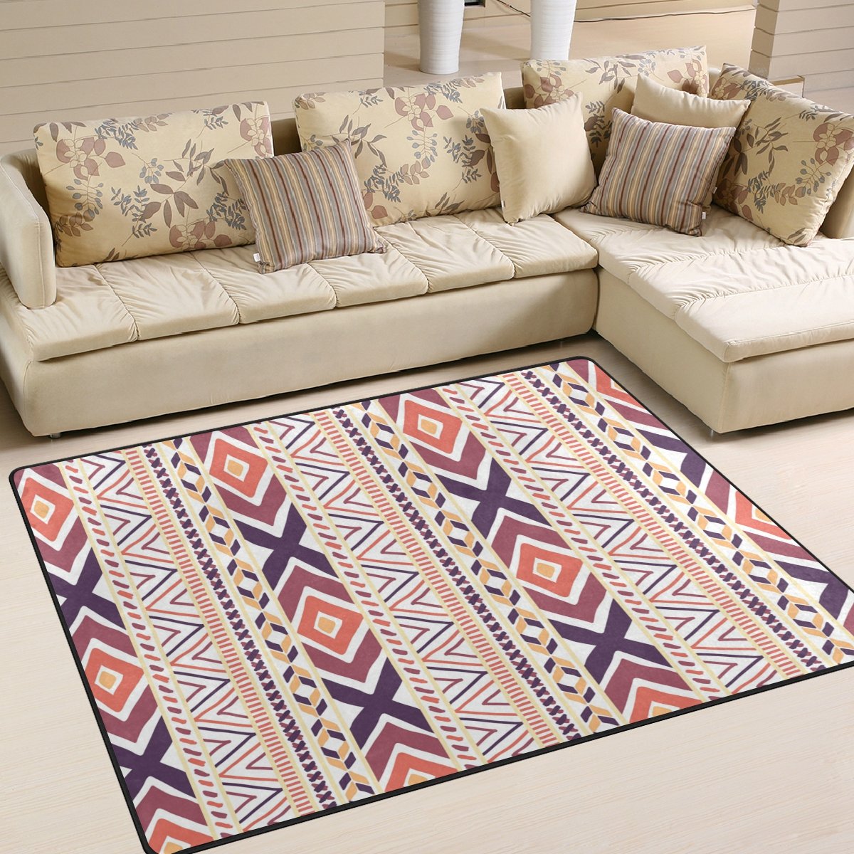 Style Ethnique Motif imprimé Grande Surface Rugs, léger, antidérapant Antistatique Hydrofuge Tapis de Sol pour Salon Chambre à Coucher, 160 x 122 cm
