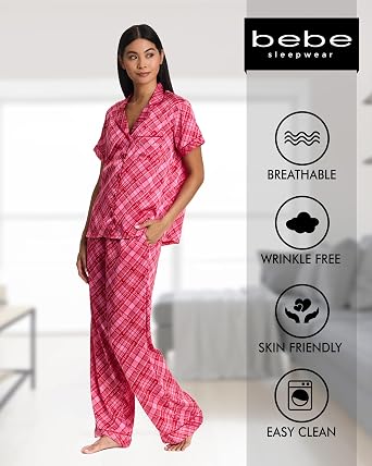 bebe Women's Silky Satin Pajama Set, Button Down Short Sleeve Sleepwear