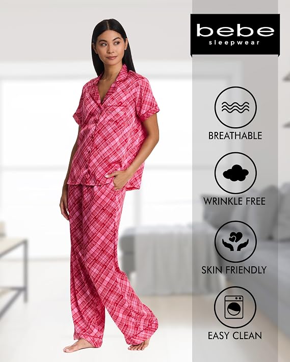 bebe Women's Silky Satin Pajama Set, Button Down Short Sleeve Sleepwear