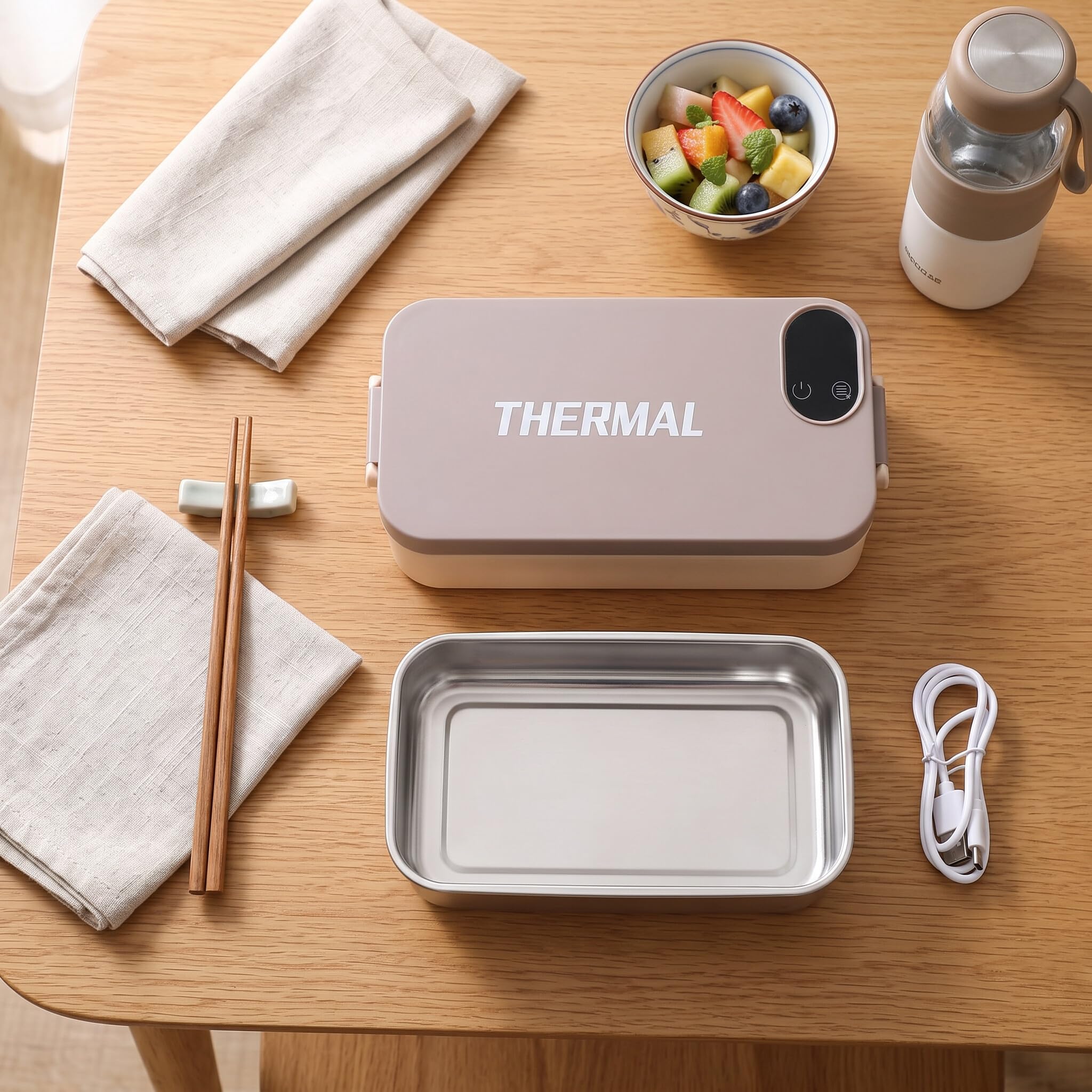 Zerodis Lunch-Wärmer-Box, Elektrischer Tragbarer Lebensmittelheizer mit Edelstahlbehälter, Intelligente Digitalanzeige, 7200 MAh, Wiederaufladbar, Schnelle Erwärmung für Reisen Im