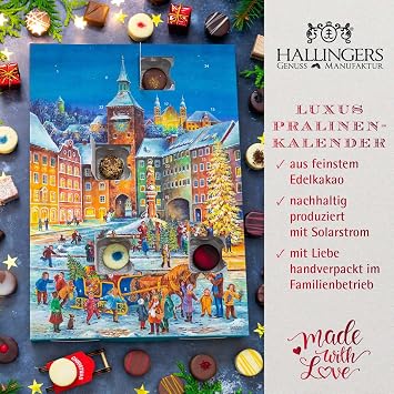 Hallingers Genuss Manufaktur Pralinen Adventskalender - ohne Alkohol handmade aus Confiserie-Edelkakao in wertigem Softfeel-Karton Romantische Wei... Weihnachtskalender für Frauen Männer