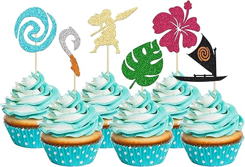 24 piezas inspiradas en Mo para cupcakes de cumpleaños con purpurina de hoja de palma, flor de moana, decoración de fiesta de cumpleaños hawaiana