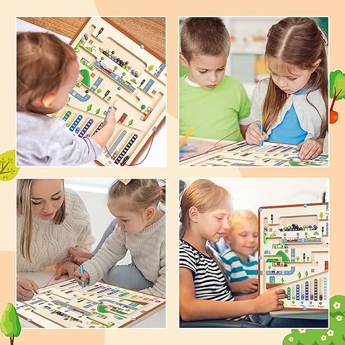 Miniatura 7 de Uptots Laberinto magnético de color y número, rompecabezas de madera, tablero de actividades para niños pequeños, juguetes Montessori para niños de