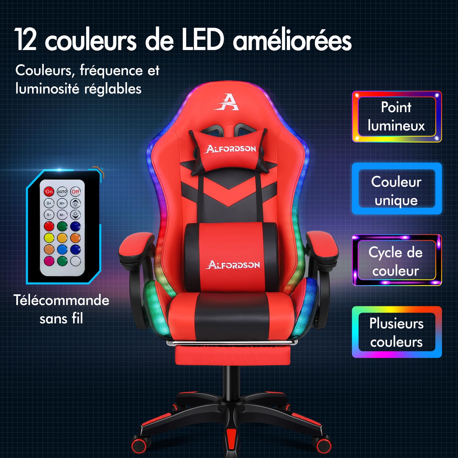 ALFORDSON LED Chaise Gaming, Siege Gaming avec Massage 8 Points, Fauteuil de Gaming Pivotant Ergonomique avec Éclairage RVB avec Support Lombaire et Appui-Tête, Hauteur Réglable, Rouge