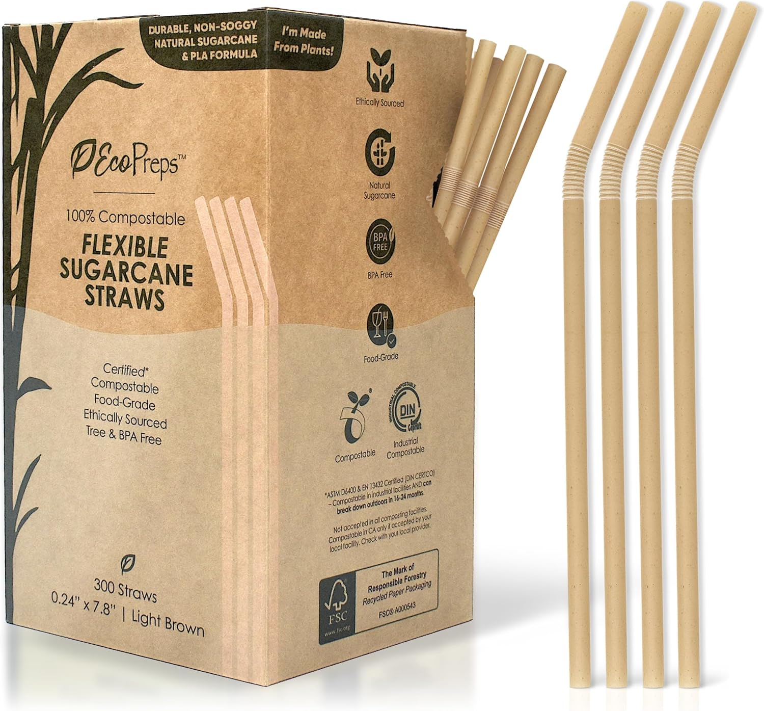EcoPreps Flexible Biodegradable Sugarcane Straws, 300 Count | 100% Compostable, Plastic-Free, Eco-Friendly Drinking Straws for Cold Drinks | 7.8'' Bendable, Disposable Sugarcane Fiber Straw (300 PCS)