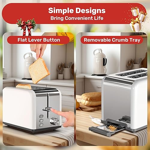 Miniatura 4 de YSSOA Tostadora de acero inoxidable de 2 rebanadas con ranura extra ancha y bandeja extraíble para migas, 6 ajustes de sombra y funciones de