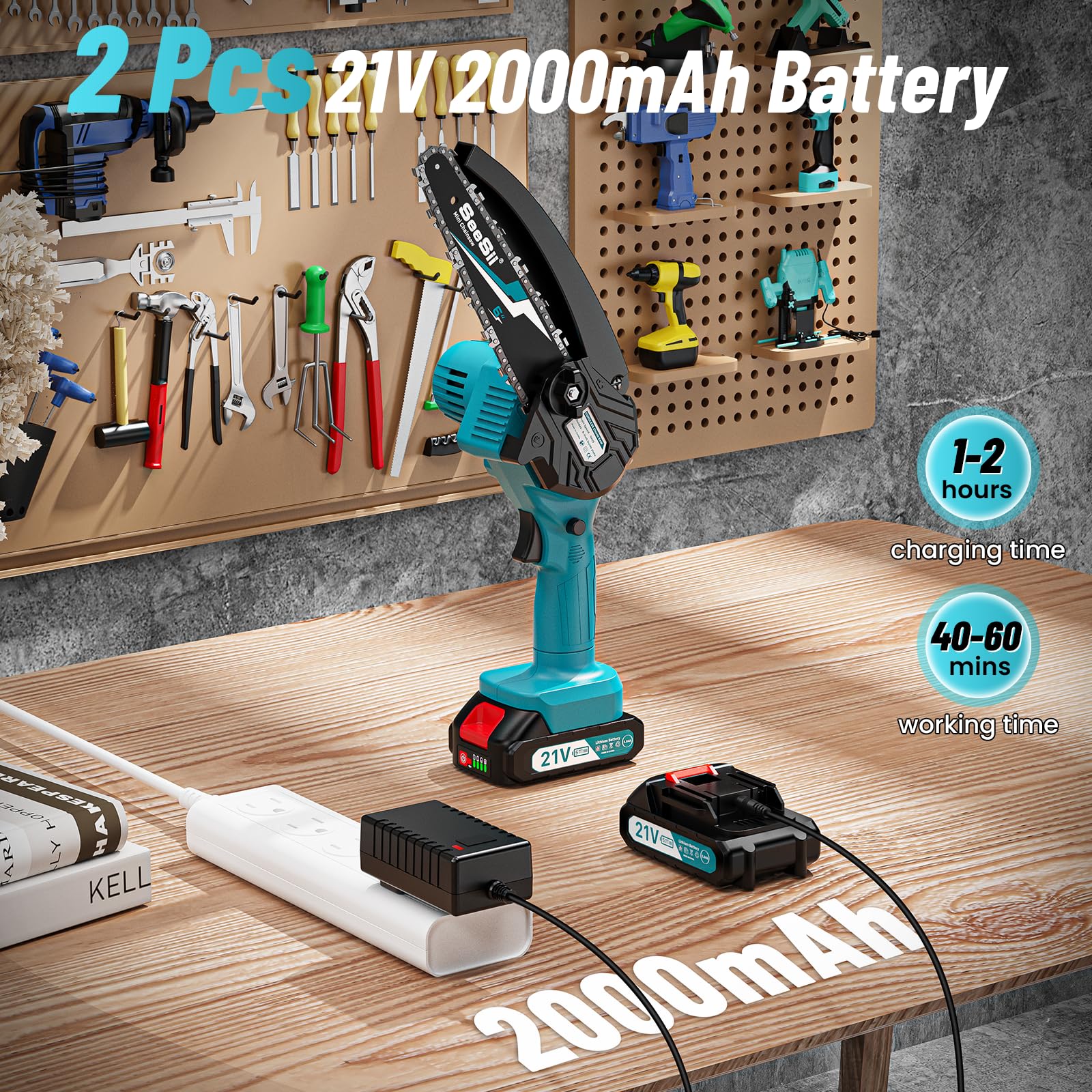 Mini Motosega a Batteria Portatile, Seesii Sega a Batteria da 6 Pollici con Caricatore, 2 Batterie e Oliatore Automatico, Motosega Elettrica per Giardinaggio, CH610