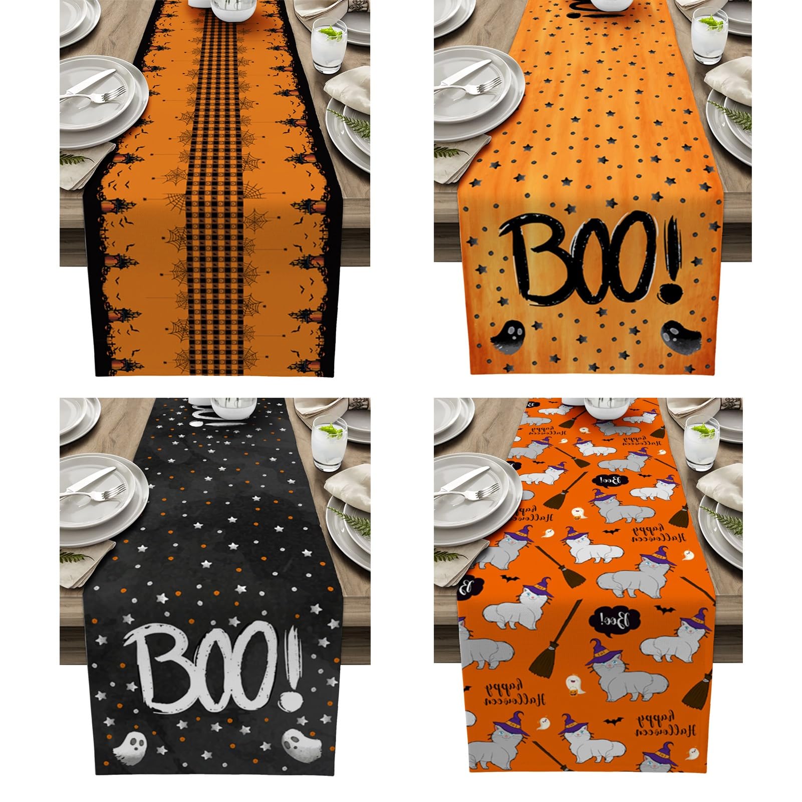 Bieżnik na Halloween, świąteczna dekoracja na kolację Straszne uśmiechnięte dynie Nietoperze Dekoracja świąteczna Bieżnik Wystrój stołu(9,200x33cm)