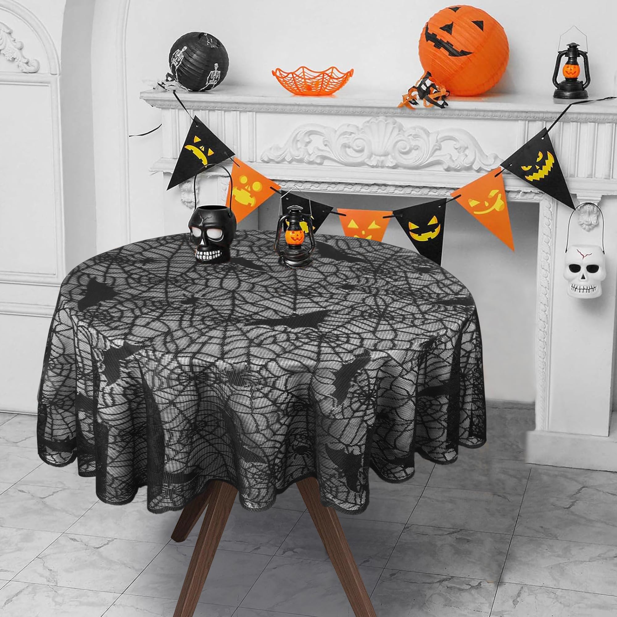 Round Halloween Spider Web Tablecloth - 70in Black Lace Table Topper Halloween Bat Cobweb Pumpkin Table Cover Fireplace Scarf Table Cloth for Halloween Party Buffet Table Door Window Decor