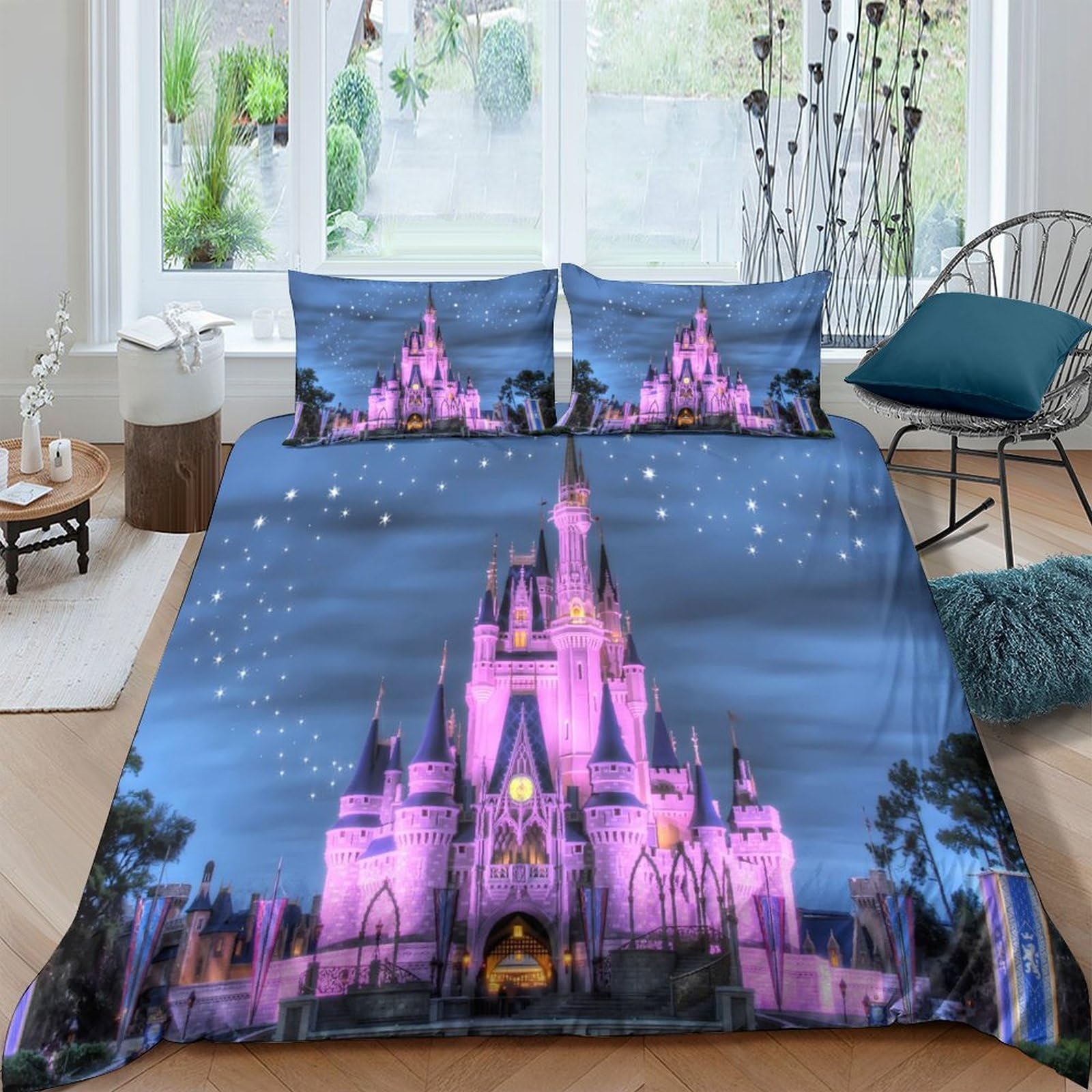 Ctjqhvkz Style-1 3D Printed Enchanted Castle Fitted Sheet Microfiber Deep Blue Fantasy Bed Cover For Bedroom Living Room Decor Single（135X200cm）
