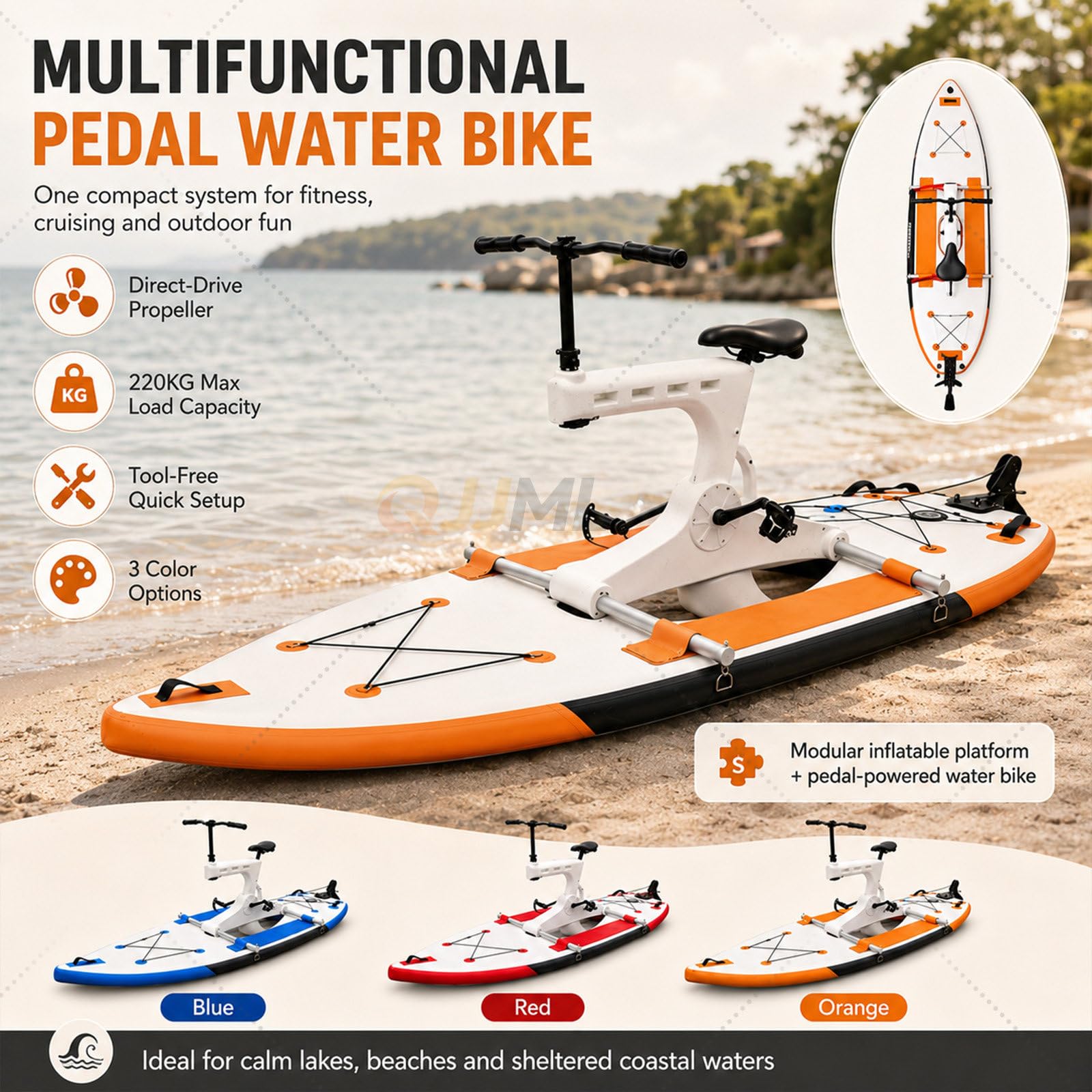 Bicicletta Acquatica Gonfiabile 1 Persona - Natante A Pedali con Pompa d'Aria, velocità 7km/H - Bicicletta Acquatica A Pedali per Laghi, Fiumi, Spiagge E Noleggio Parchi Acquatici Orange