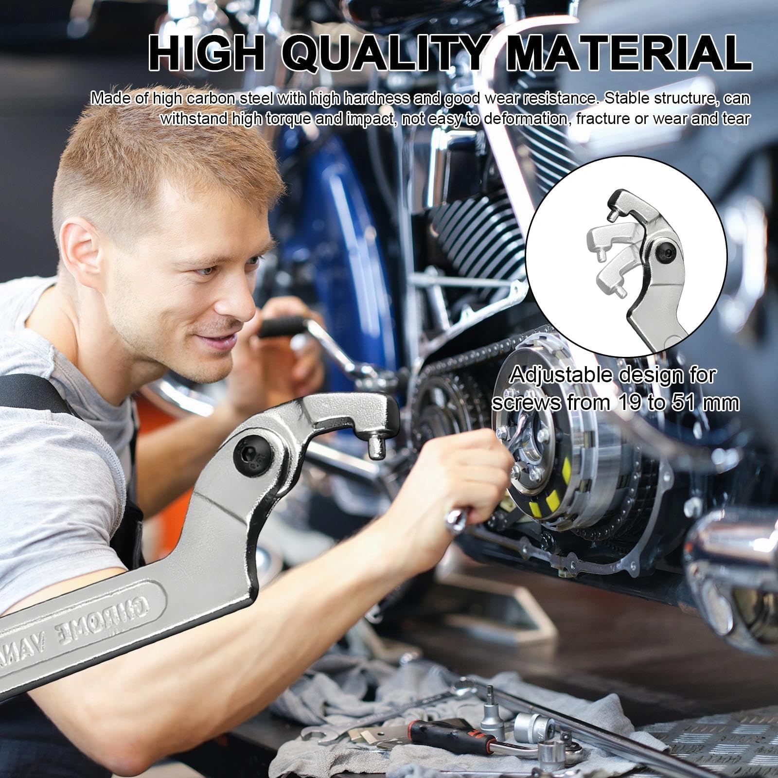 Verstellbarer Hakenschlüssel 19–51 mm, C Förmiger Schraubenschlüssel aus Chrom-Vanadium, Nutmutternschlüssel für Motorrad Federbein, Werkstatt & Reparatur