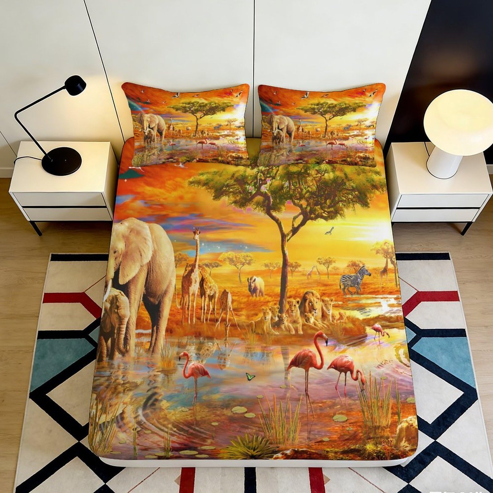 3D Printed African Safari Fitted Sheet Microfiber Durable Soft Bed Cover with Wildlife Animals Design for Bedroom Dormitory Guest Room Mattress Protection 160x200x25cm
