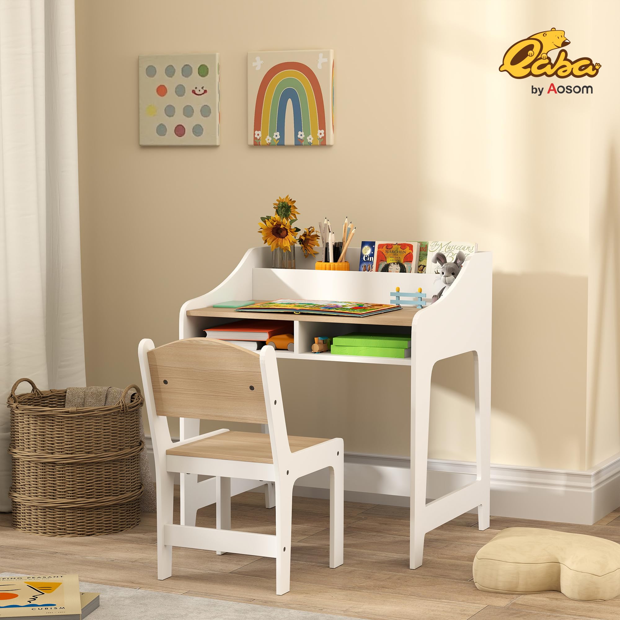 AIYAPLAY Ensemble Bureau et Chaise pour Enfant 3 à 8 Ans, Bureau Enfant garçon Fille avec Chaise, Compartiments et étagères Ouverts, pour Chambre à Coucher, Salle de Jeux, crèche, Effet Bois Naturel