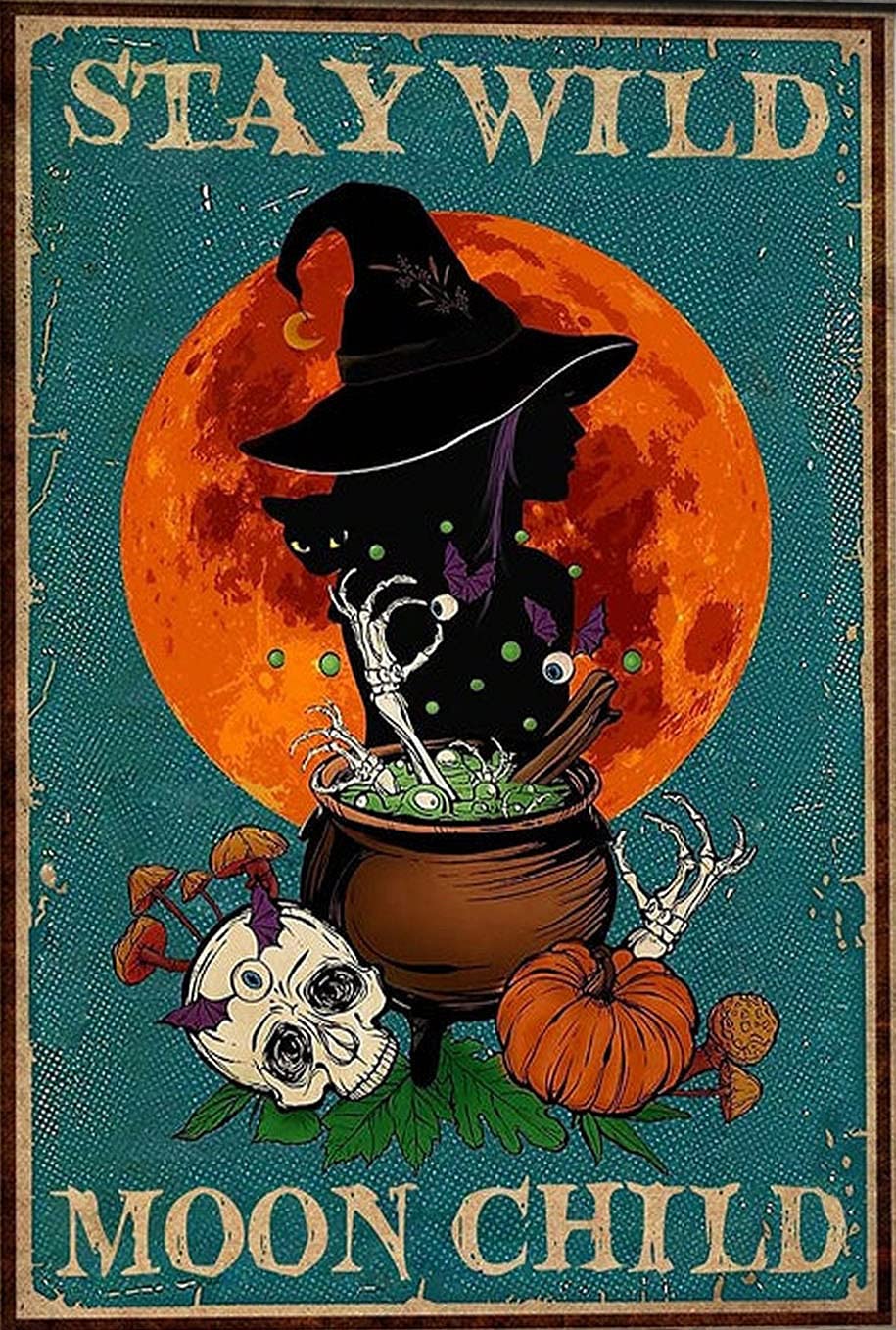 HOUVSSEN Metal Sign Liuye Moon Children's Poster/Witch Poster/Black Cat Wall Art Poster/Home Decoration Halloween Posters for Walls Tin Sign 8x12inch