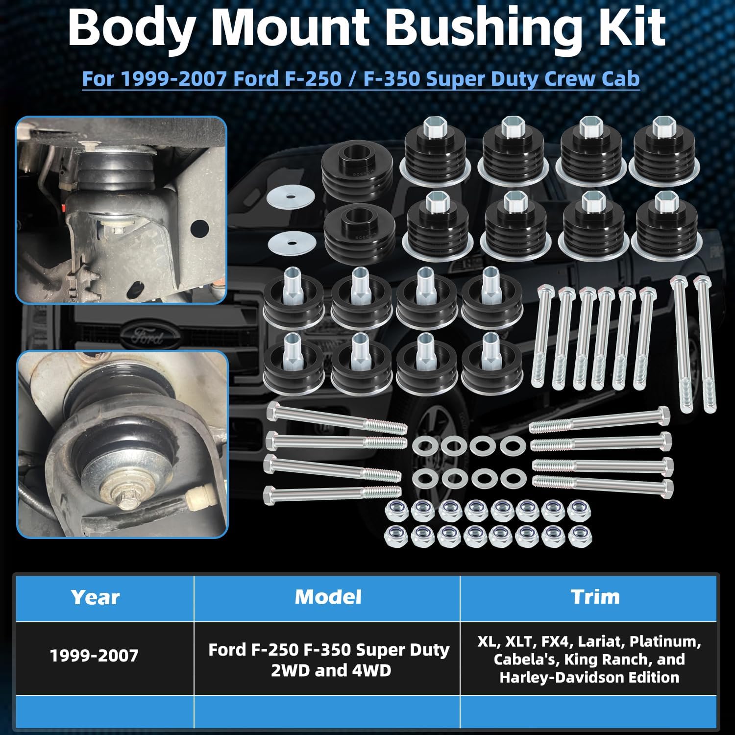 KF04058BK Body Mount Bushing Kit For Ford 1999-2007 F250 F350 Super Duty 2WD 4WD Crew Cab Mounts, Cab Bushing Kit, Polyurethane Body Cab Mounts & Steel Sleeves & Hardware (Black)