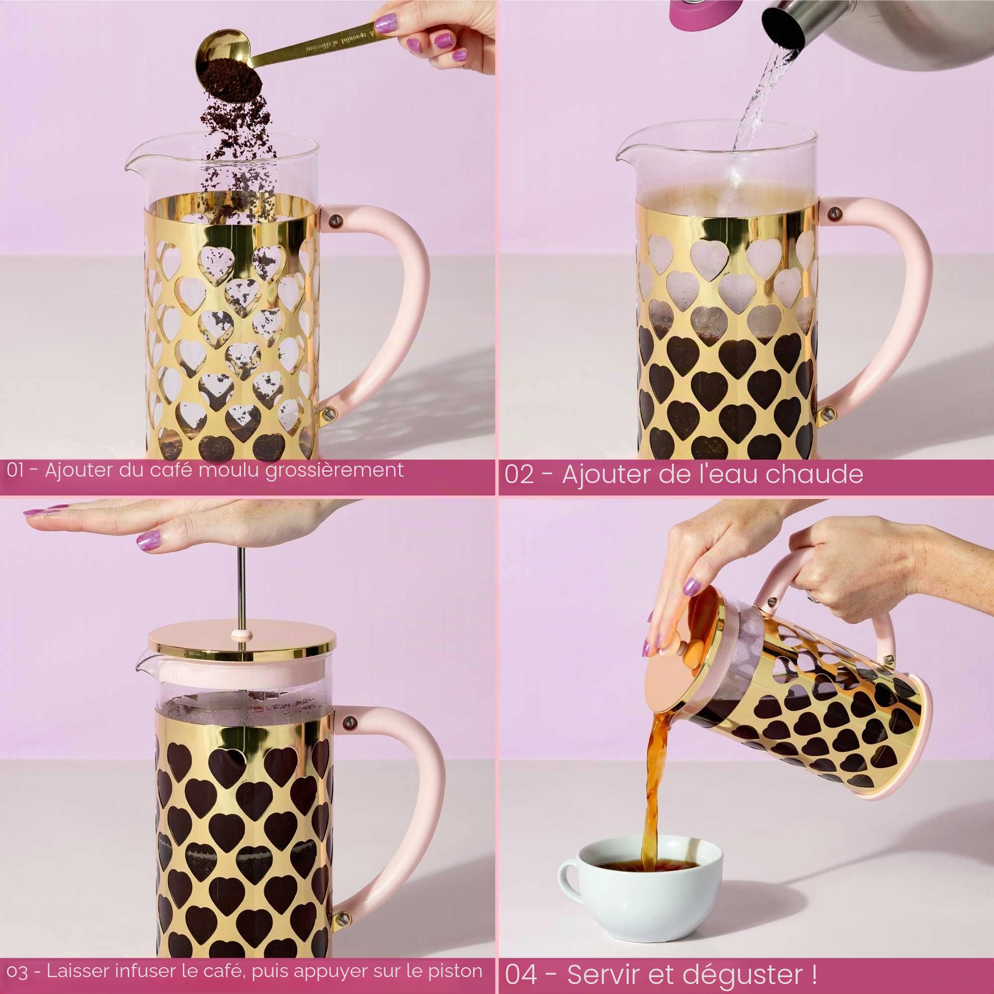Paris Hilton Cafetière à piston française avec cuillère à mesurer en forme de cœur, lot de 2 pièces, 8 tasses ou 1000 ml, rose